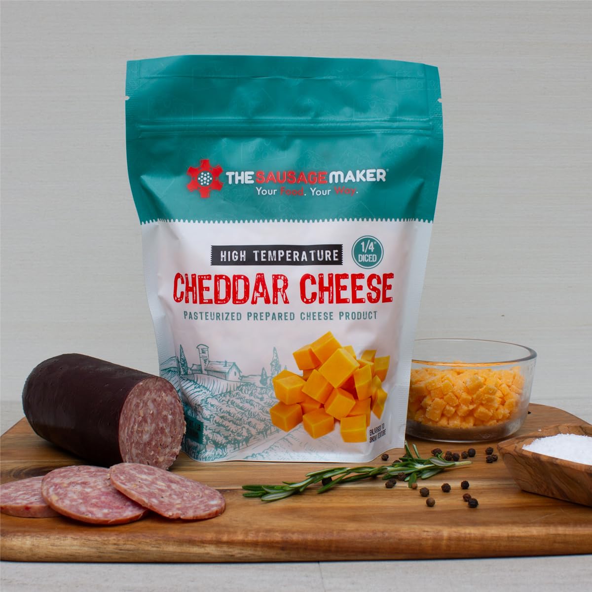 The Sausage Maker High Temp Cheddar Cheese, 1 Lb Diced Cube, 400°F Heat Resistant for Sausage Making and Grilling