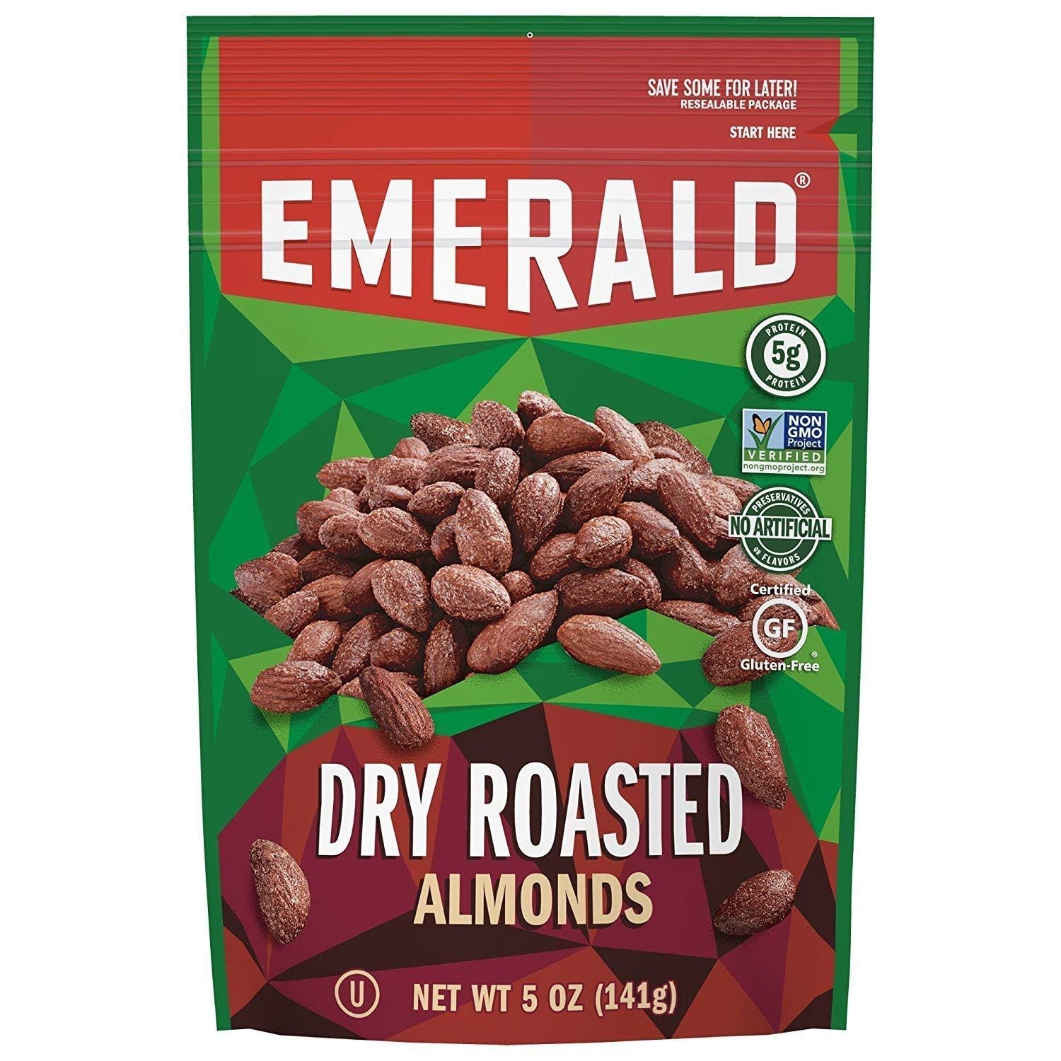 Emerald Dry Roasted Almonds, 5 Ounce Resealable Bag, Pack of 3
