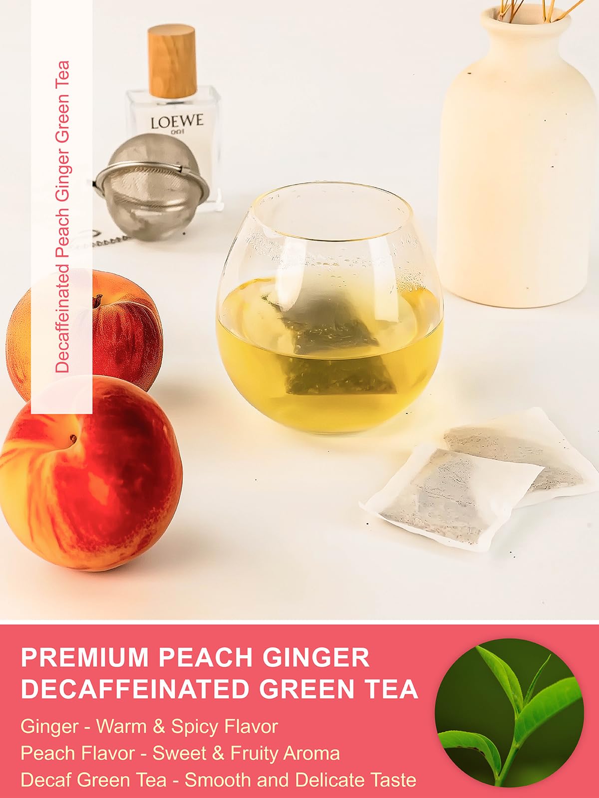TeeLux Decaf Peach Ginger Green Tea, Mild Decaffeinated, 100 Count Pack