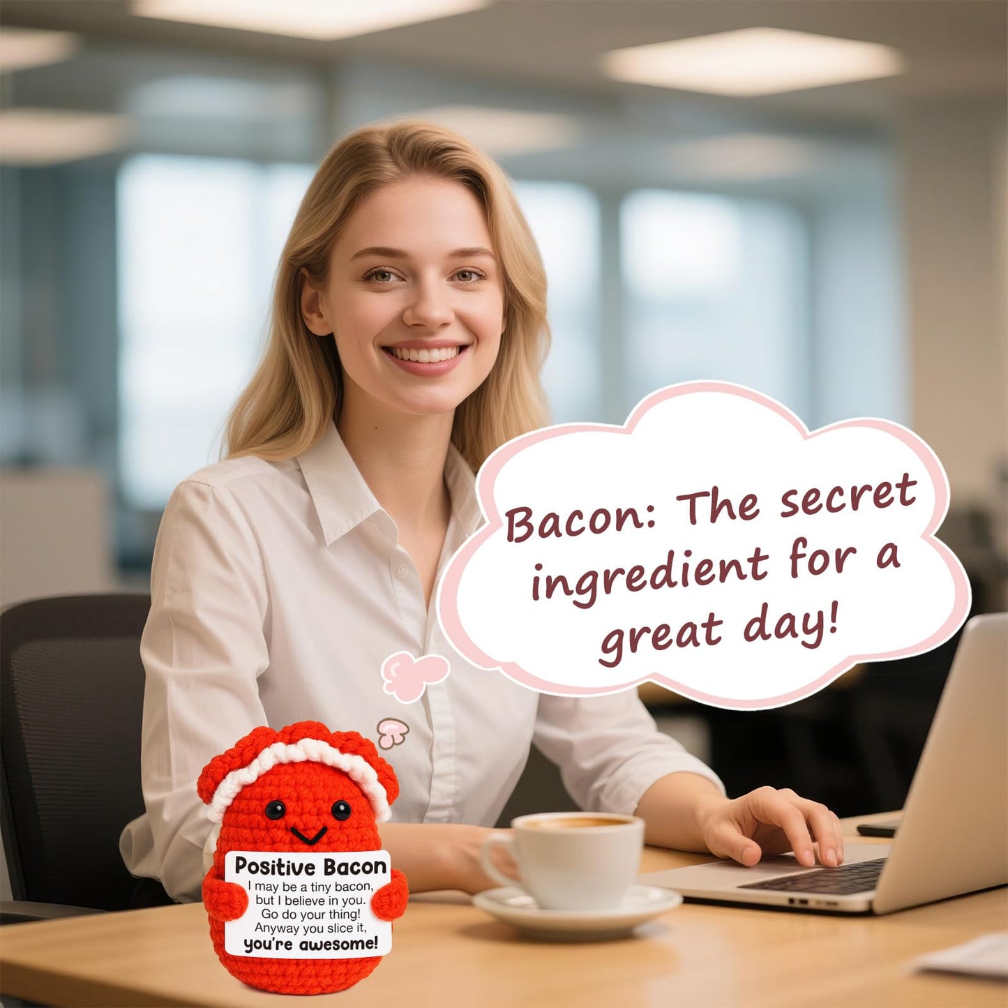 Mini Inspirational Positive Bacon Handmade Crochet Bacon For Women Foodies Breakfast Lovers Fun Encouragement Gift For Friends Coworkers Small White Elephant Christmas Birthday Gifts Motivation Decor