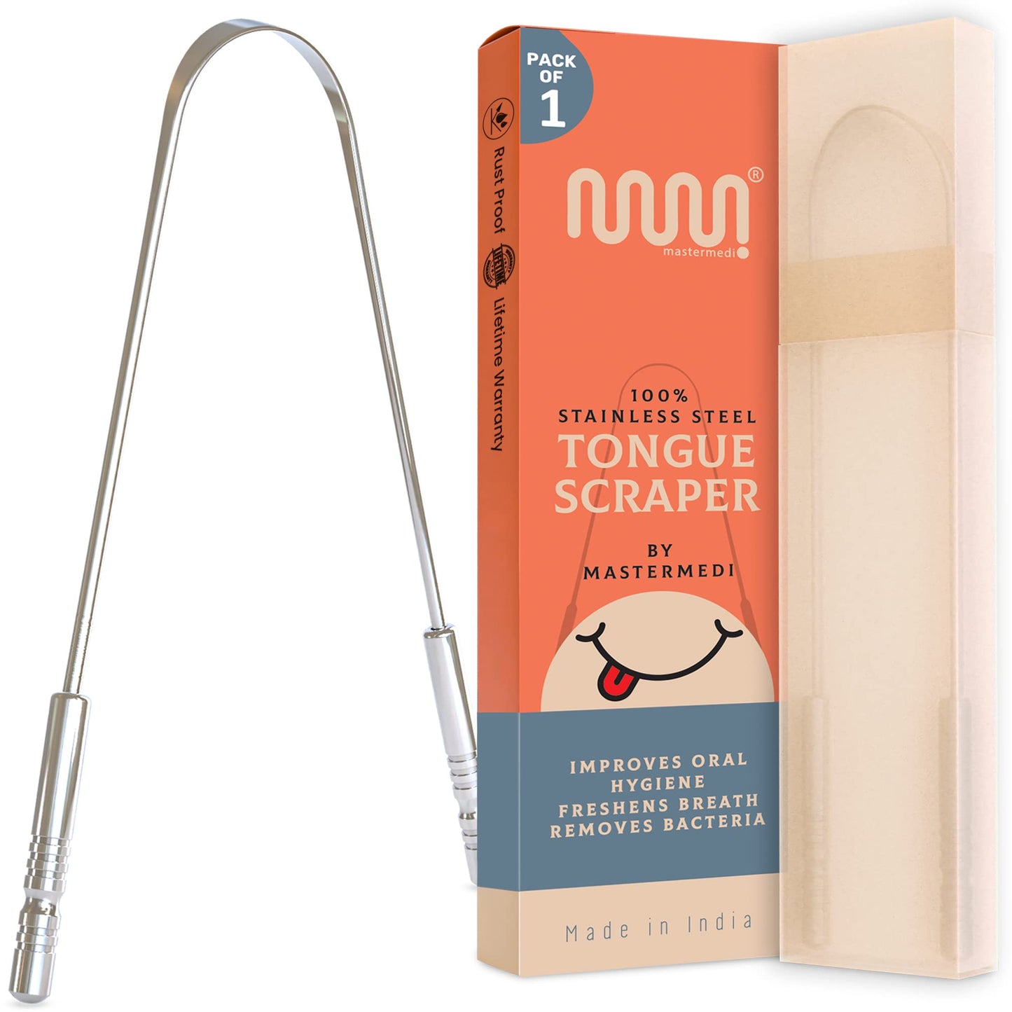 MasterMedi Tongue Scraper with Travel Case - Easy to Use Tongue Cleaner for Oral Care & Hygiene, Single Pack for Adults