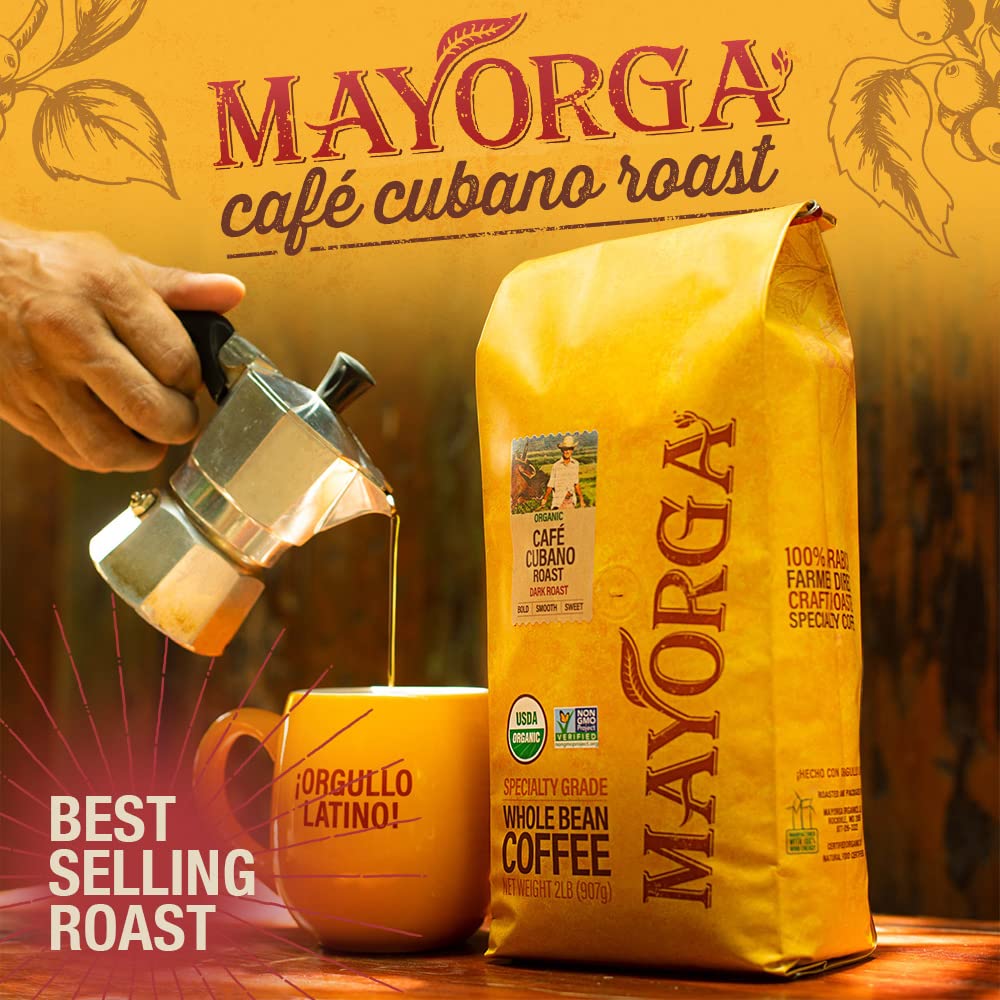 Mayorga Organics Coffee Cubano Roast Dark Coffee Dark Roast Whole Bean Coffee 2Lbs Bag Caf  , Specialty-Grade, 100% Usda Organic