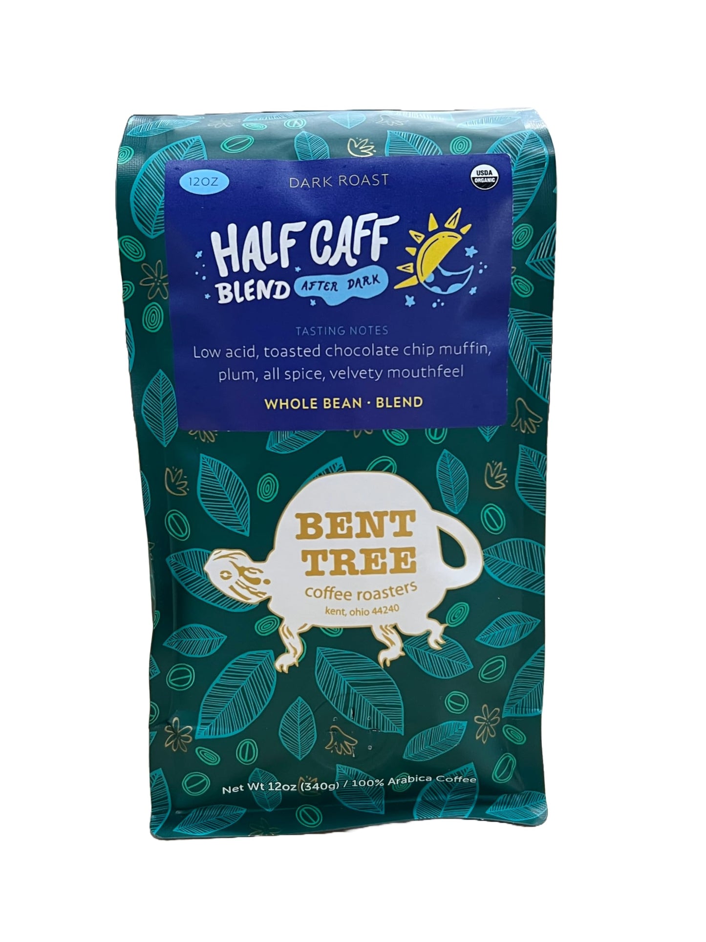 Bent Tree Coffee Roasters Organic Whole Bean Coffee, Dark Roast, Low Acid, 12oz, Half Caff After Dark