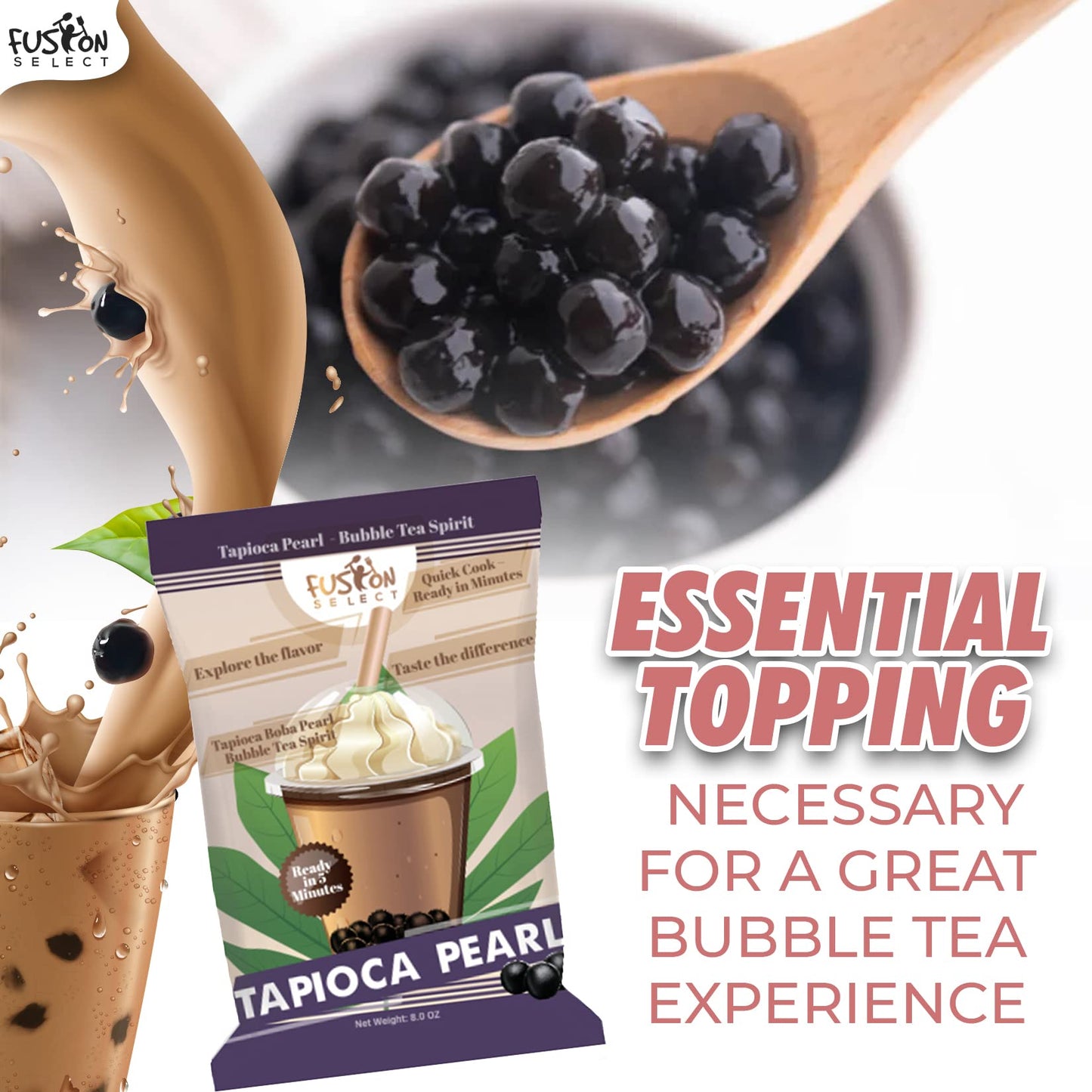 Fusion Select Tapioca Pearl - Brown Sugar Flavor Quick Cook Tapioca, Diy Boba For Boba Tea Ready In 5 Minutes, Boba Pearls, Bubble Tea Pearl S, Milk Tea Toppings (2 Packs With Straws)