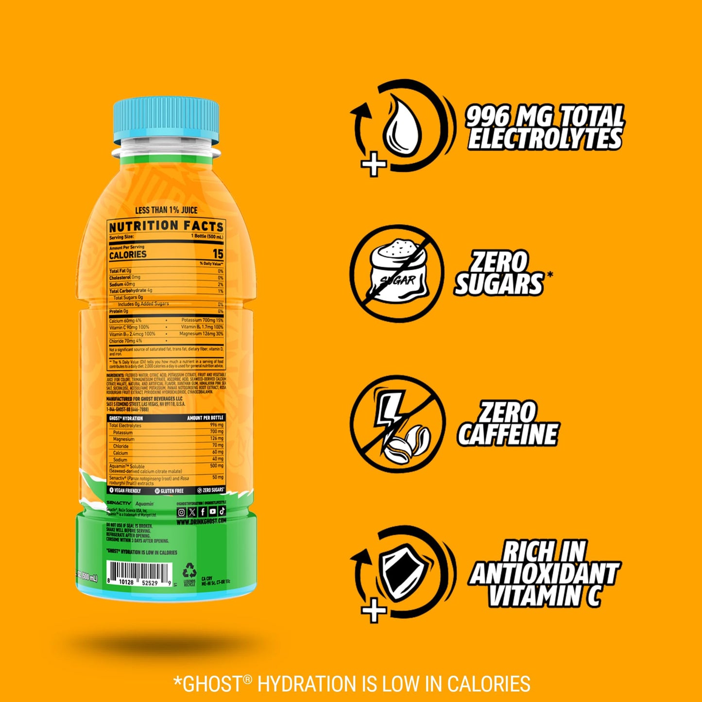 GHOST Hydration Drink - RTD Sports Drink with Electrolytes, 16.9 Fl Oz, Pack of 12, Orange Squeeze