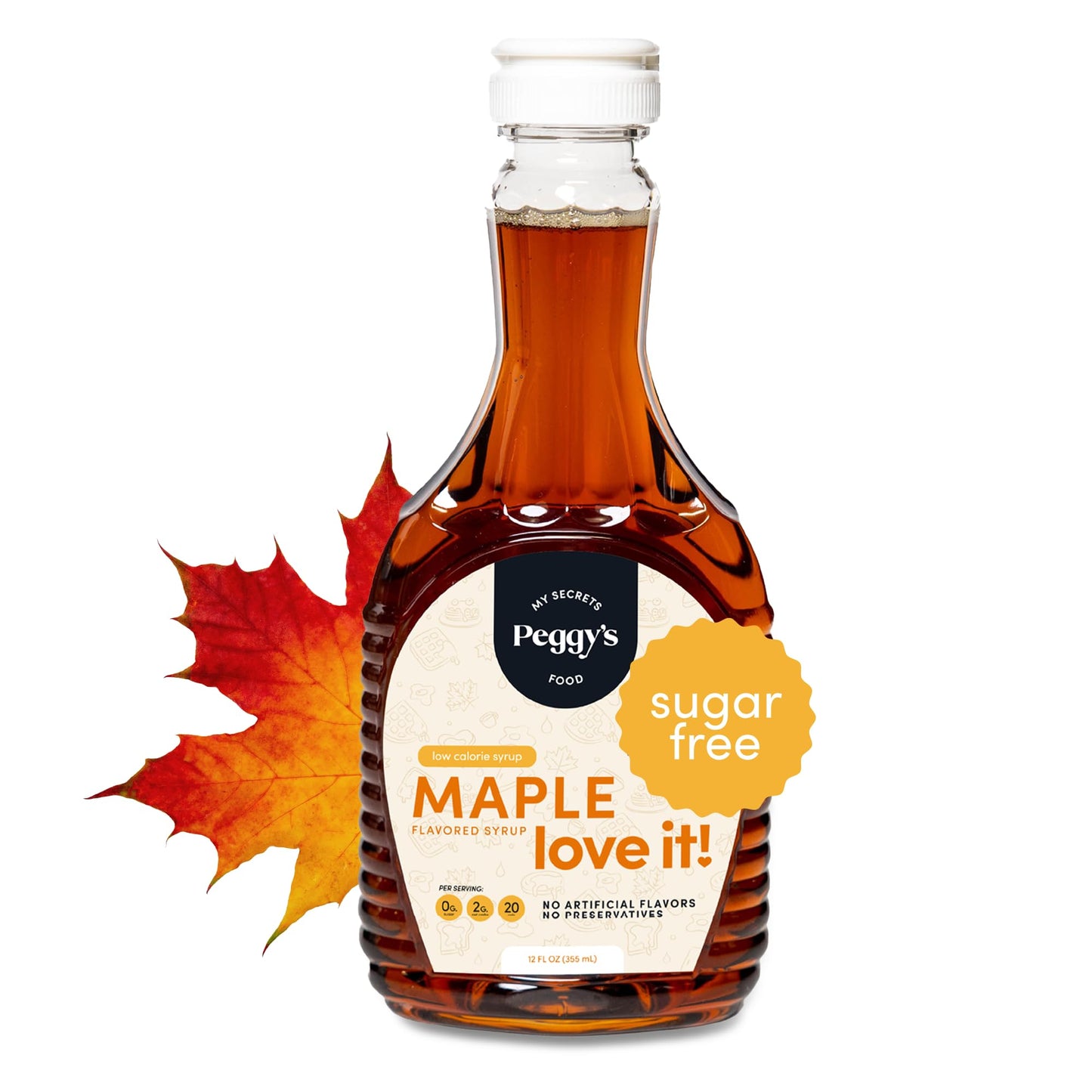 My Secrets Peggys Food Sugar-Free Maple Syrup  Keto Maple Syrup For Pancakes & Waffles - Sweetened With Allulose  Monk Fruit & Natural Sweeteners - Gluten-Free  Vegan  Low-Calorie (12 Oz)