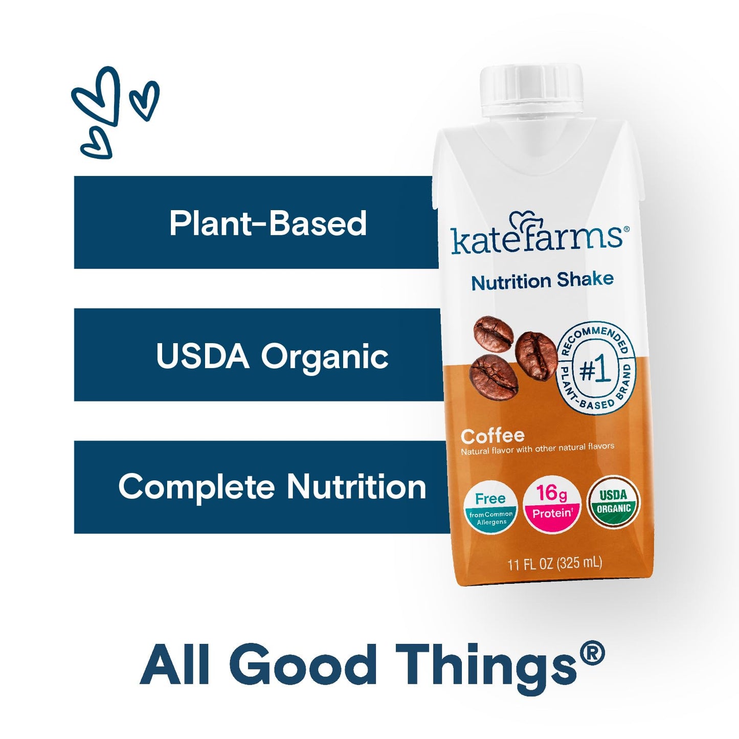 Kate Farms Organic Vegan Nutrition Shake, Coffee, 16g Protein, 27 Vitamins, Gluten Free, Non-GMO, 11 Fl oz, Pack of 6