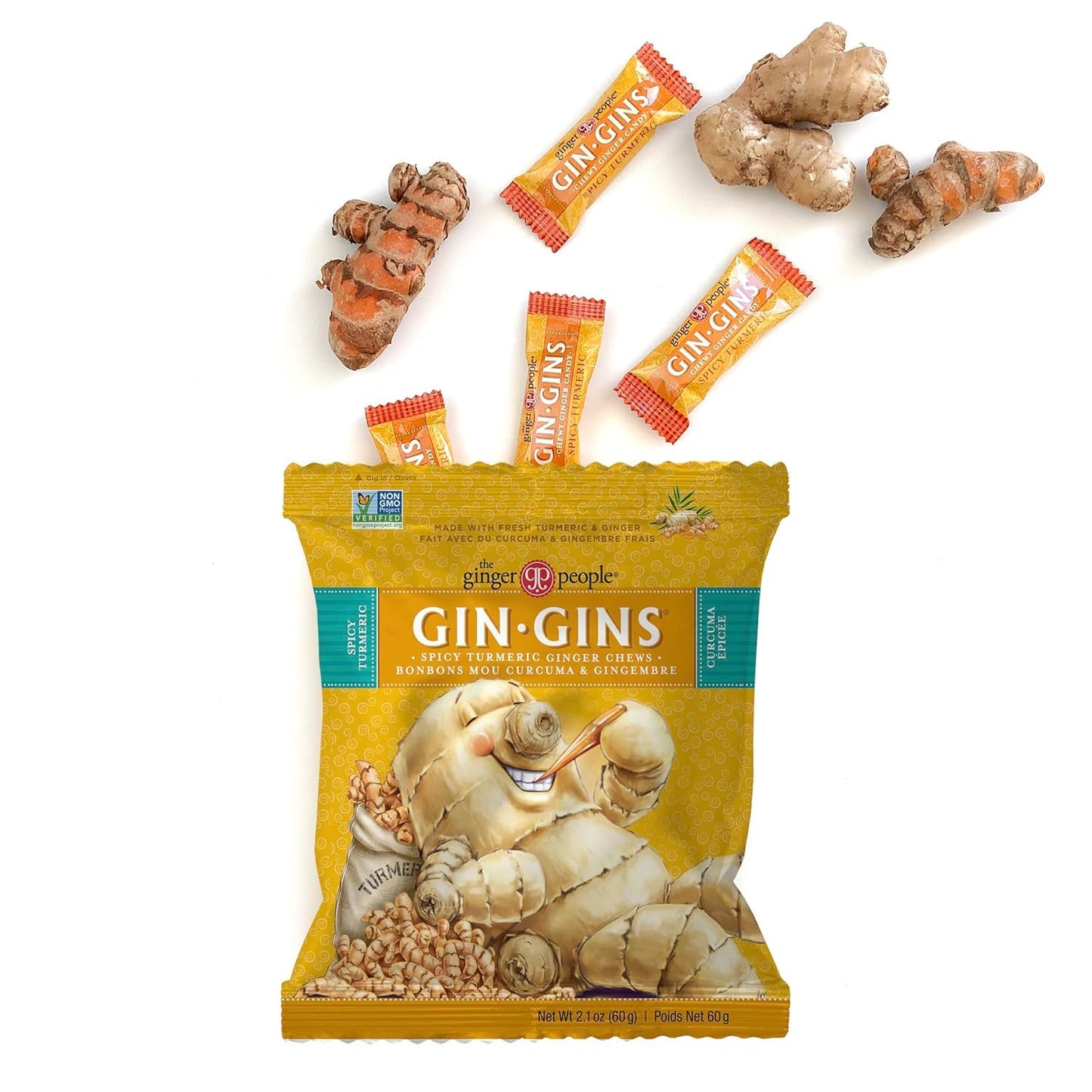 The Ginger People GIN GINS Spicy Turmeric Ginger Chews, 2.1oz Bag, Yellow, Pack of 12, Model 90534