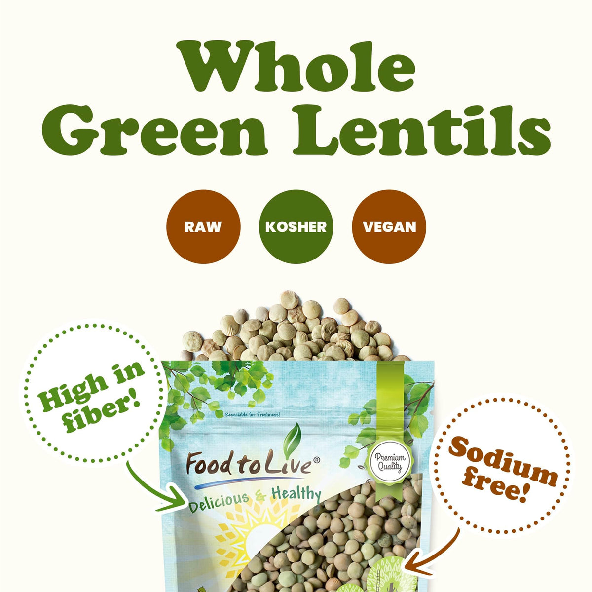 Food To Live - Whole Green Lentils, 5 Pounds Dried Raw Lentils, Sproutable, Kosher, Vegan. Rich In Dietary Fiber, And Protein. N