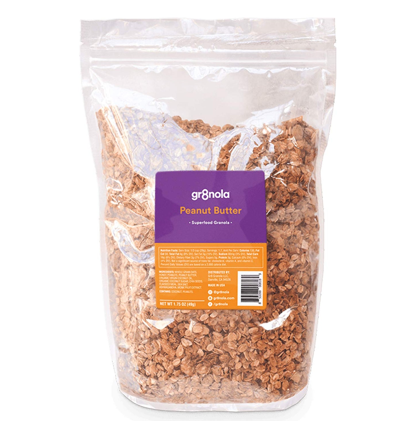 Gr8Nola Peanut Butter - Healthy, Low Sugar Bulk Granola Cereal - Made With Superfoods Peanuts, Ashwagandha, And Chia Seeds, Soy Free, Dairy Free And No Refined Sugar - 4.5Lb Resealable Bag