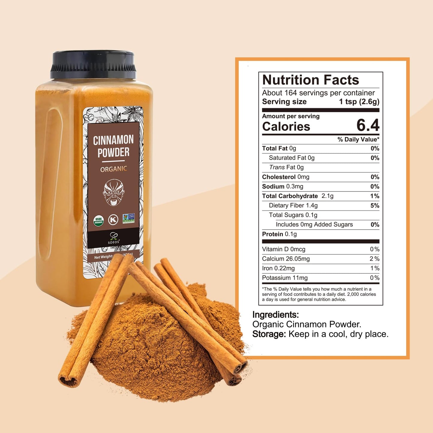 Soeos Cinnamon Powder Organic  15 Ounce (425g) Bottle  Ground Cinnamon Powder  USDA  Non-GMO and Kosher Certified  Seasoning Spice for Tea  Coffee  Baking  Desserts  Cooking and Beverages