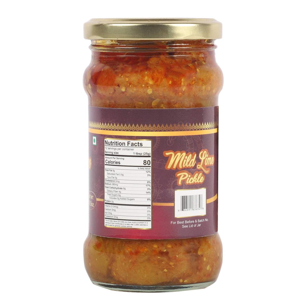 TAJ Gourmet Mild Lime Pickle, (Lime Achar), 300g (10.5oz)