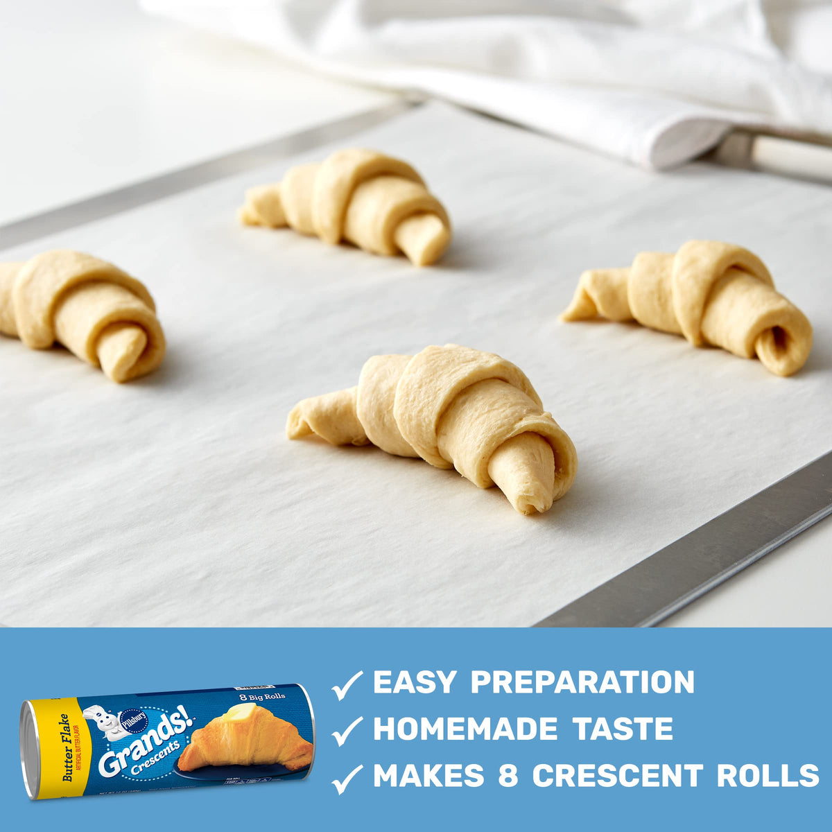 Pillsbury Grands! Crescent Rolls, Butter Flake Refrigerated Canned Pastry Dough, 8 Big Rolls, 12 oz
