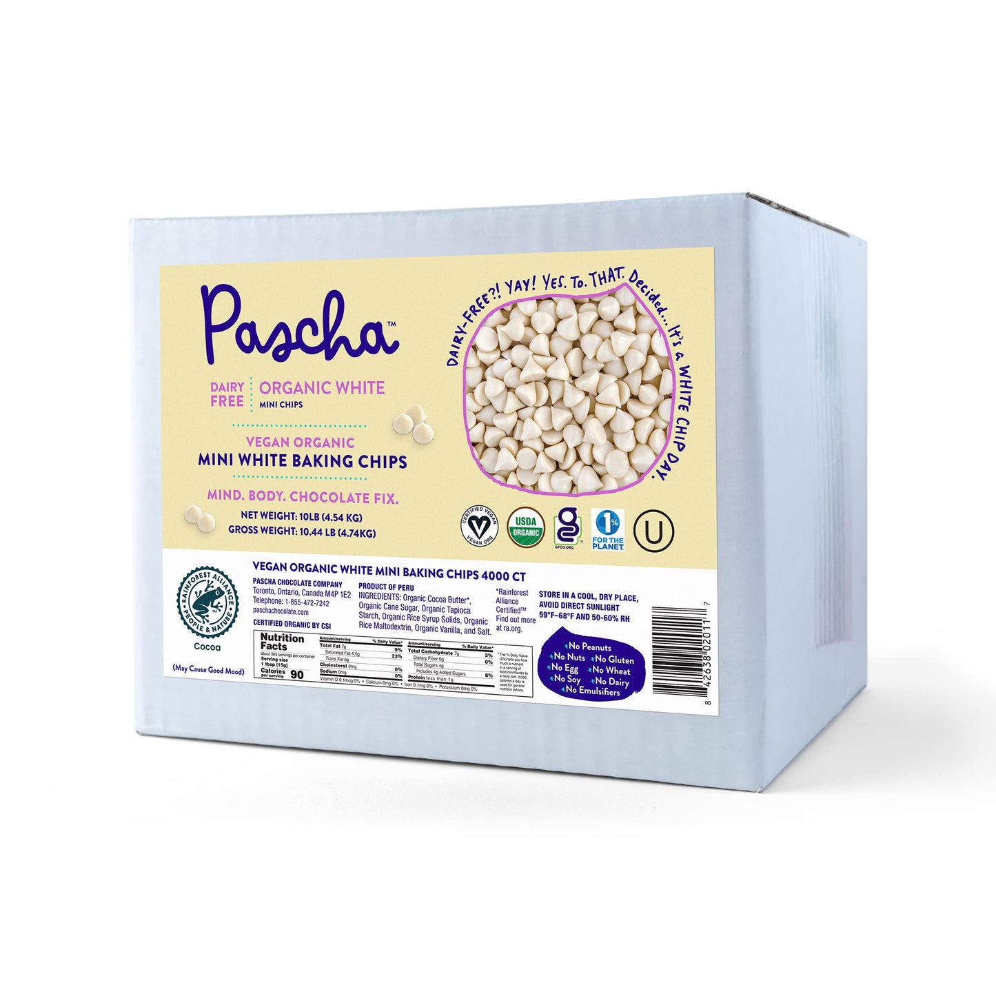 Pascha Organic Vegan White Mini Baking Chips, Dairy-Free, 10 lbs