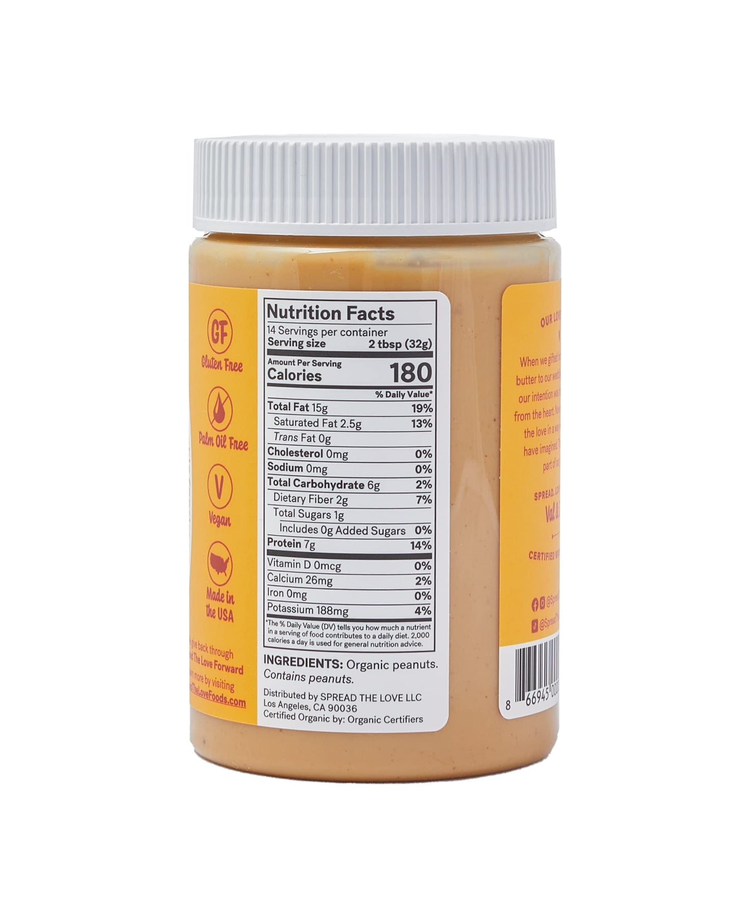 Spread The Love Organic Peanut Butter, Vegan, Gluten-Free, Creamy, 16oz (Pack of 6)