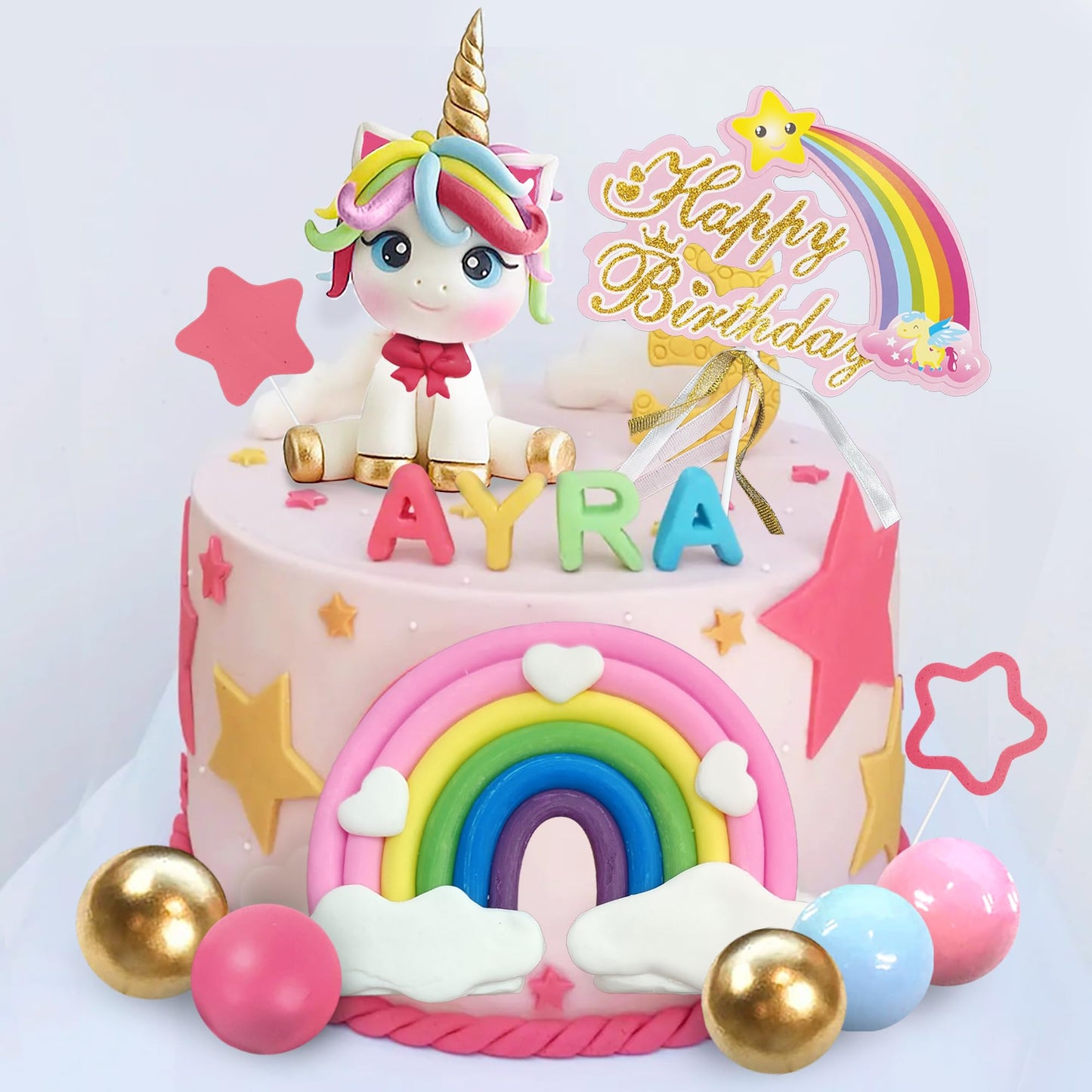 29 Pcs Unicorn Cake Topper, Unicorn Rainbow Cake Decorations With Rainbow Stars Unicorn Balls Happy Birthday Cake Decorations Fo