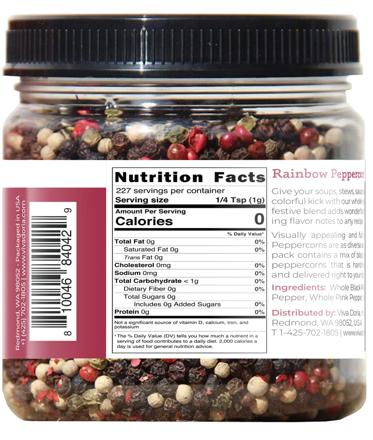 Viva Doria Rainbow Blend Peppercorn, Steam Sterilized Whole Black Pepper, Whole Green Pepper, Whole Pink Pepper, Whole White Pepper, 8 Oz, For Grinder Refills
