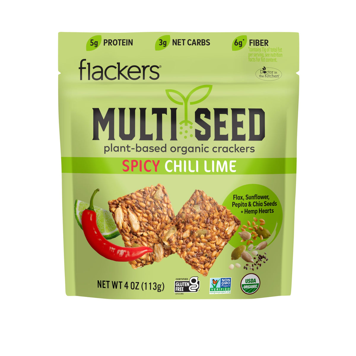 Flackers Organic Spicy Chili Lime Multi-Seed Crackers, 4 Ounce 6-Pack, Gluten Free, Non Gmo, Vegan, Keto Snack, 5G Protein, 6G F