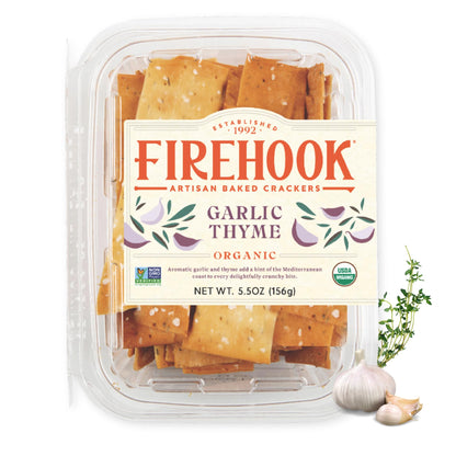 Firehook Garlic Thyme Crackers - Artisan Baked, Craveably Crunchy, Baked with Mediterranean Garlic & Thyme - Organic, Non-GMO, K