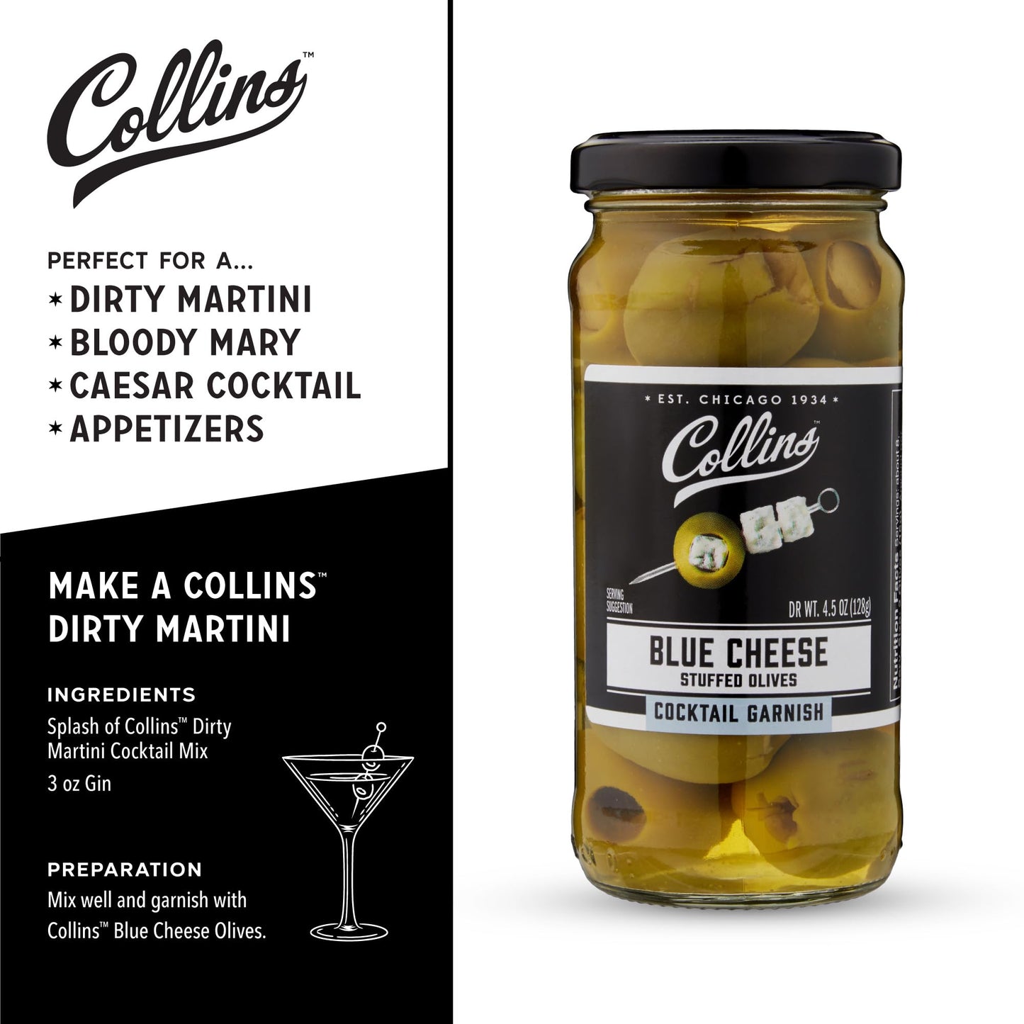 Collins Gourmet Blue Cheese Olives, Stuffed Cheese Garnish, 4.5 Oz, Glass Jar, Black Lid, Model O270