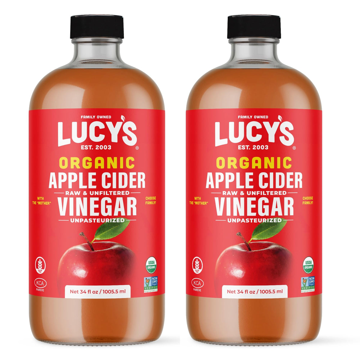 Lucys Organic Raw Apple Cider Vinegar, Unfiltered, 34oz Glass Bottle (2 Pack)