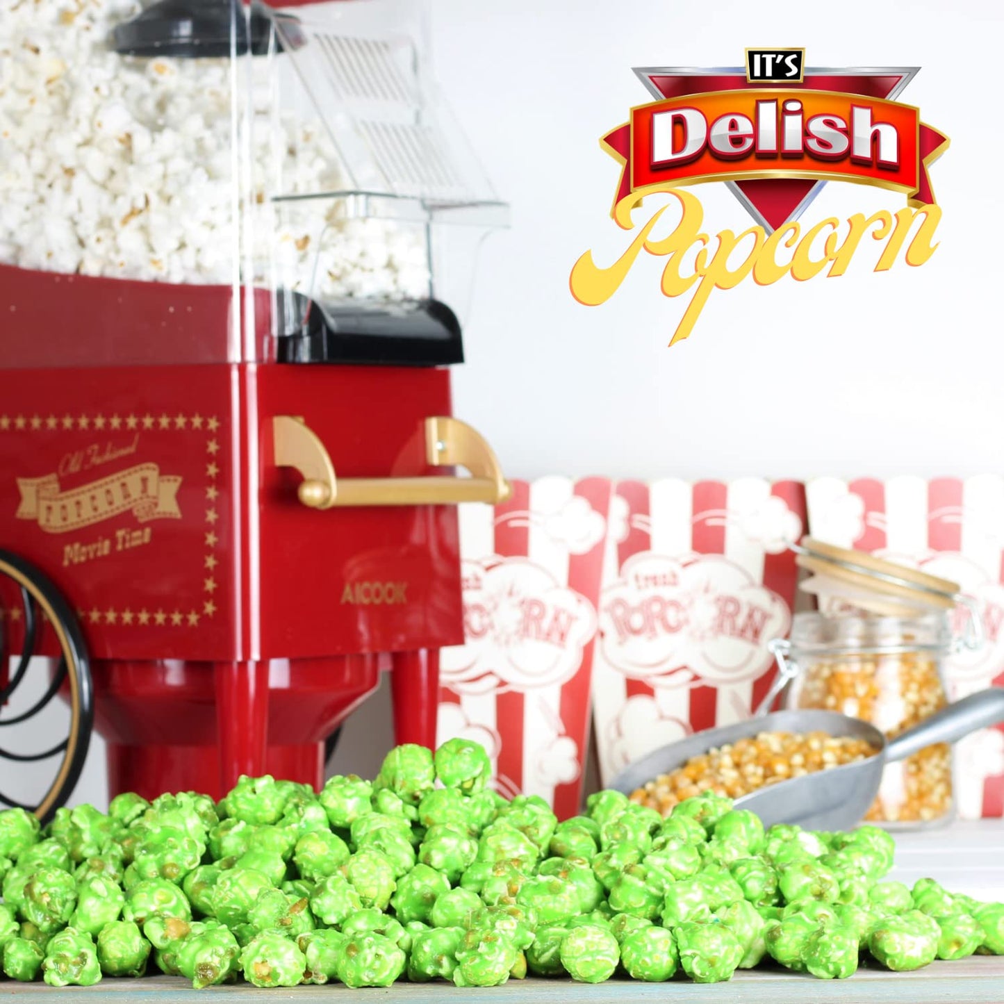 Gourmet Green Apple Flavored Popcorn by Its Delish, 16 Oz Jumbo Container | Bulk Air Popped Pop Corn Snack - Fruity Green Theme