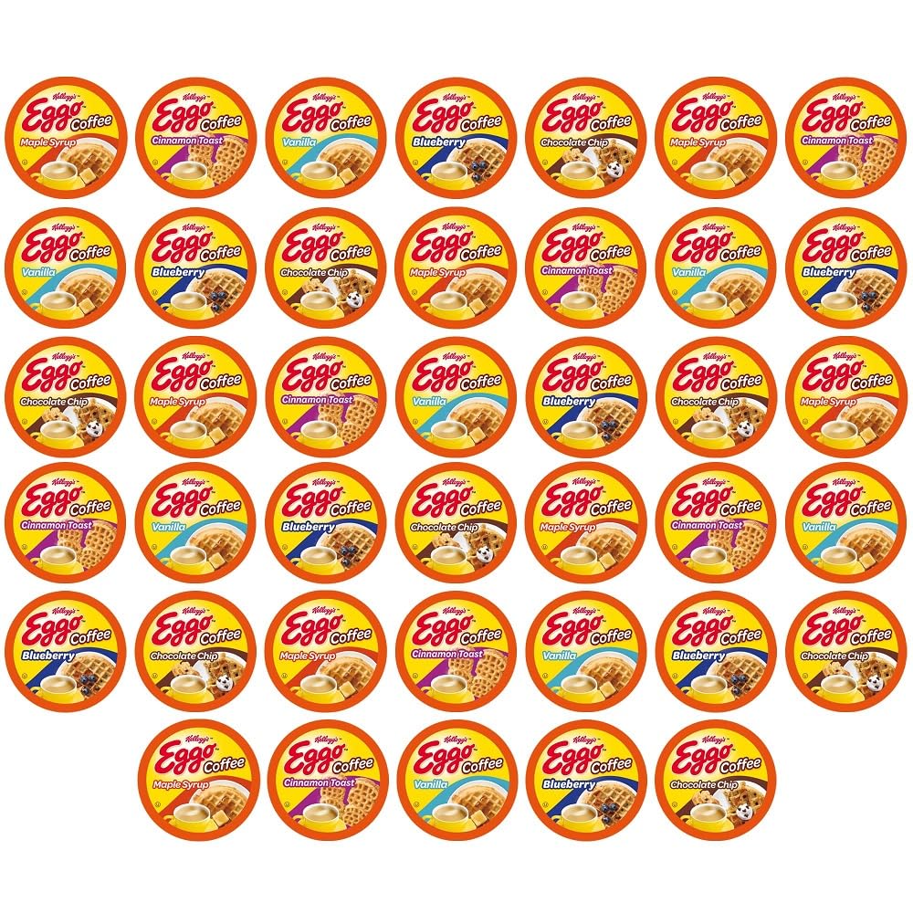 Eggo Waffle Flavored Coffee Pods Variety Pack for Keurig, Fair Trade Certified, 40 Count - Chocolate Chip, Cinnamon, Maple Syrup, Blueberry, Vanilla