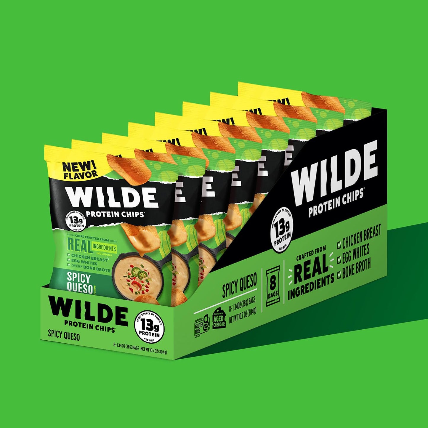 WILDE Protein Chips Spicy Queso, Thin and Crispy High Protein Snacks, Keto Friendly, Low Carb Chips, Real Ingredients, 1.34oz (P