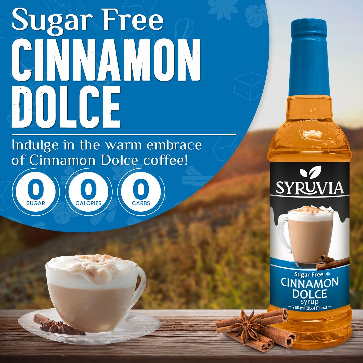 Syruvia Sugar-Free Cinnamon Dolce Syrup - 25.4 fl oz. Premium Coffee Flavoring Syrup. 0 Calories, Kosher, and Gluten-Free. Perfe