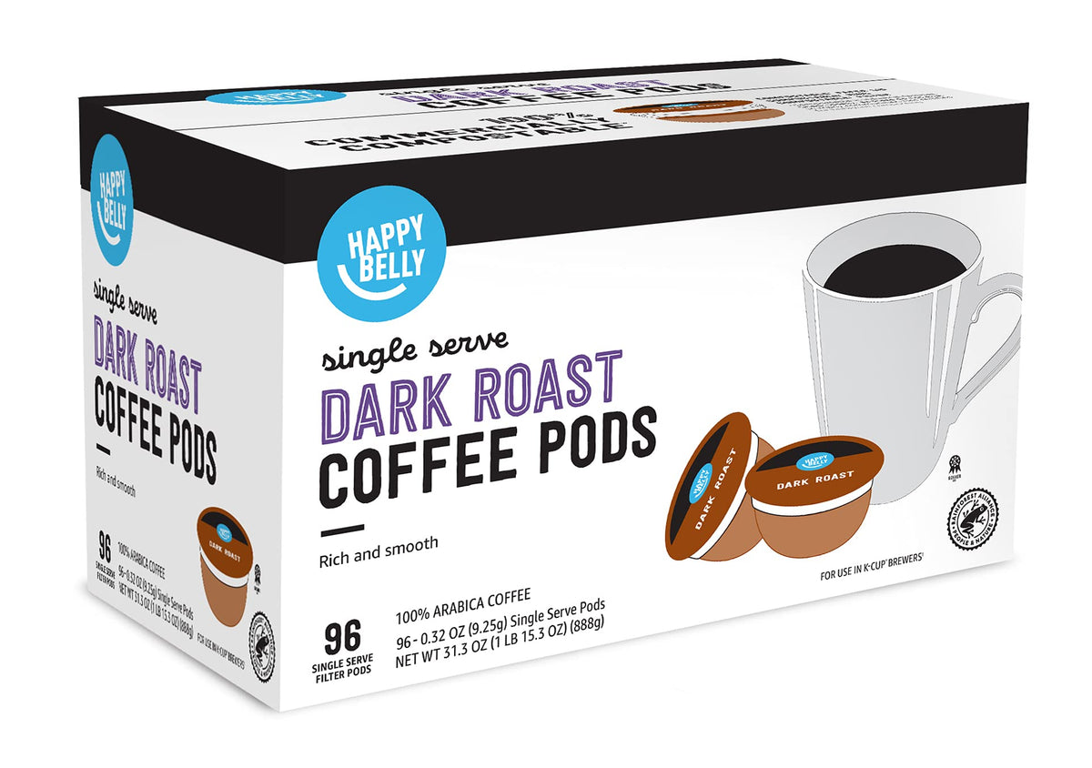 Happy Belly Dark Roast Coffee Pods, Compostable, Compatible with K-Cup Brewer, 96 Count