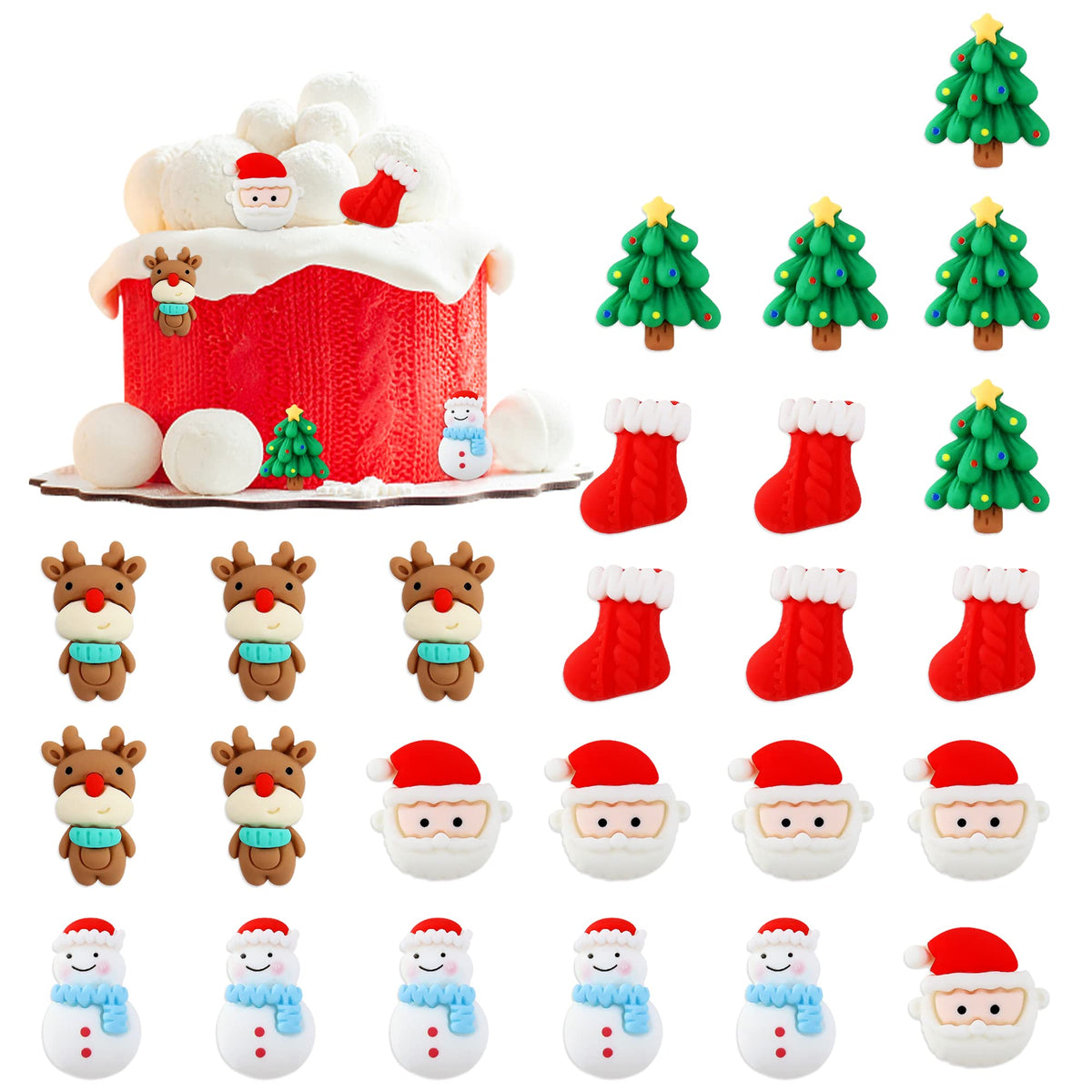 Ercadio 25 Pack Resin Christmas Cupcake Toppers Santa Claus Snowman Christmas Tree Cupcake Picks Resin Socks Cupcake Toppers For