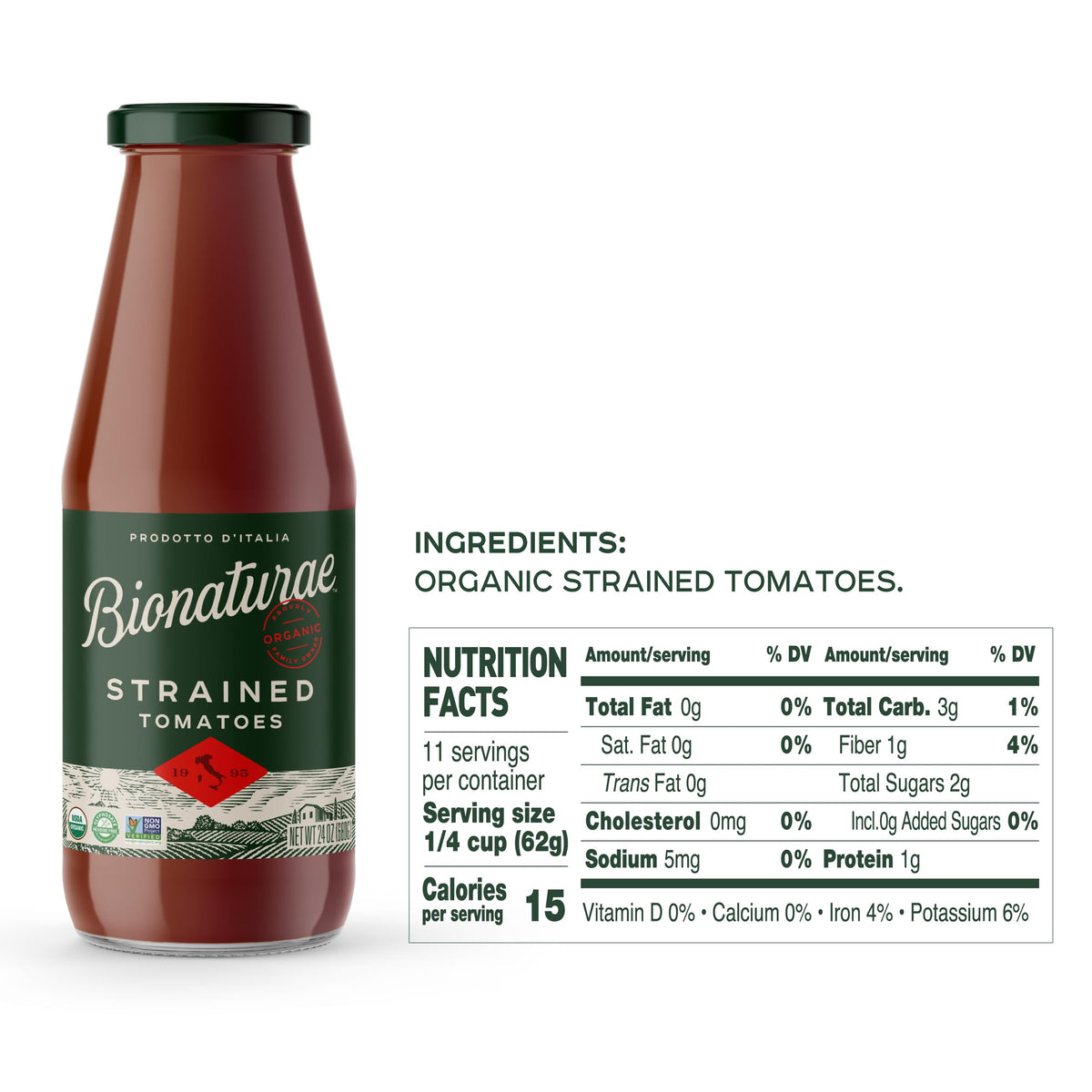 Bionaturae Organic Strained Tomatoes, No Salt, Keto Friendly, 24 Oz, 4 Pack