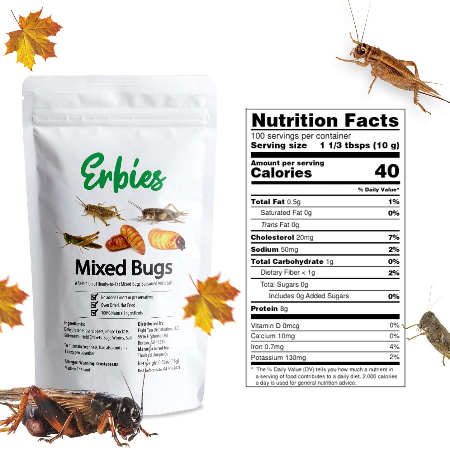 Erbies Edible Bug Mixed Trail Mix, 15g Bag, Seasoned and Crunchy Insects, Crickets, Grasshoppers, Silkworm Pupae, and Sago Worms