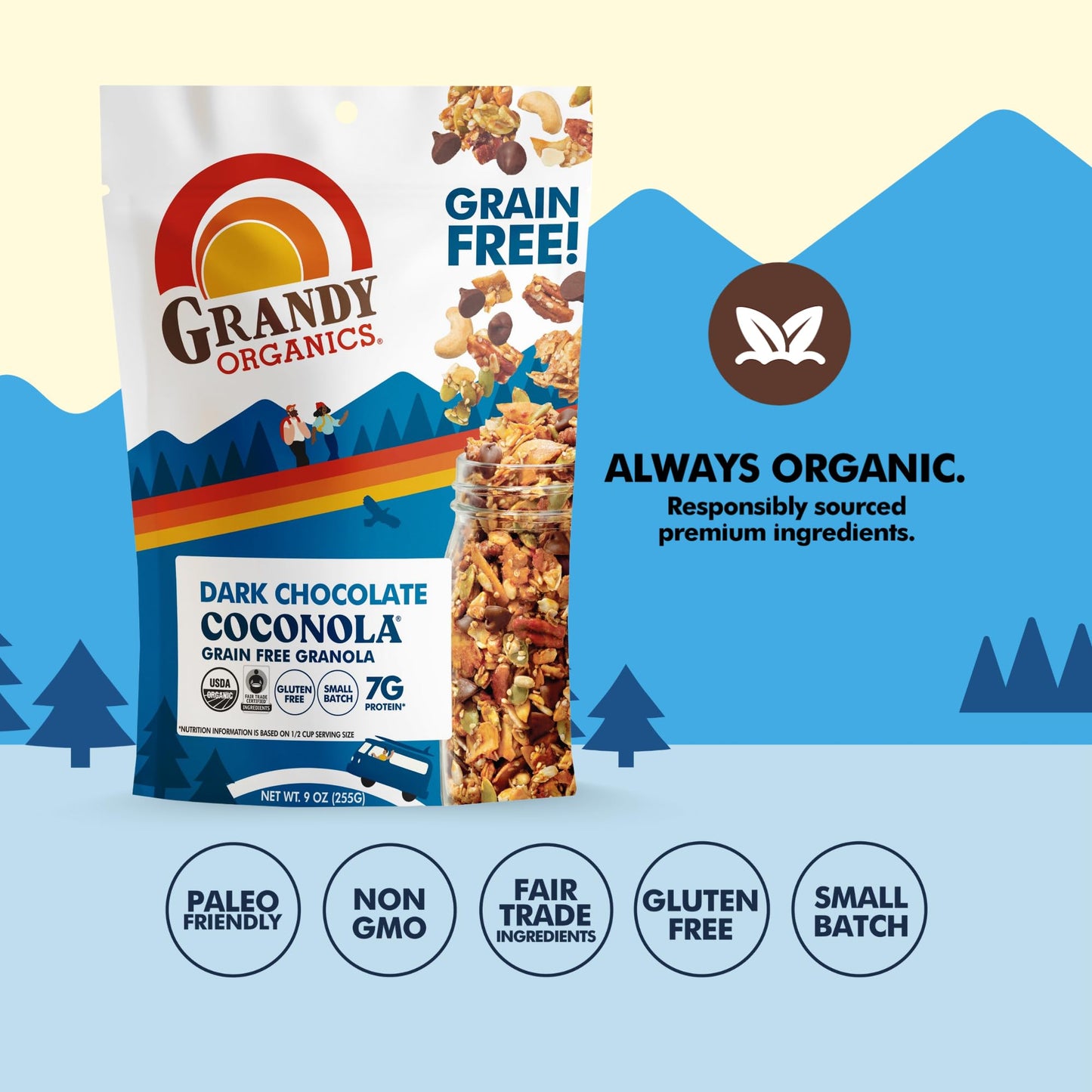 Grandy Organics Dark Chocolate Coconola Granola, Certified Organic Gluten Free Granola, Grain Free Granola, Chocolate Flavored C