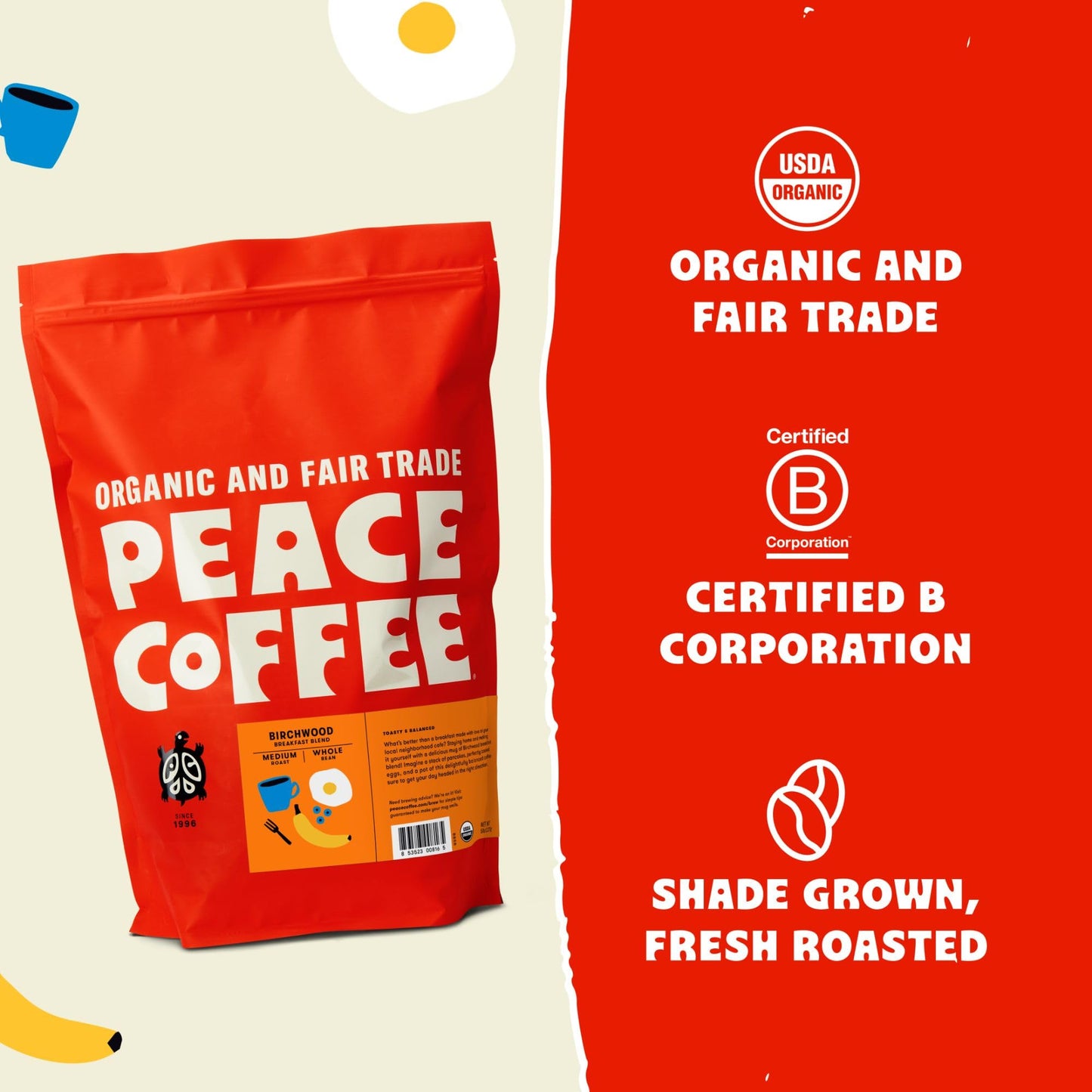 Peace Coffee Birchwood Breakfast Blend | 5 Lb Whole Bean Medium Roast | Organic Fair Trade | Smooth, Mild Favor | Shade Grown, F