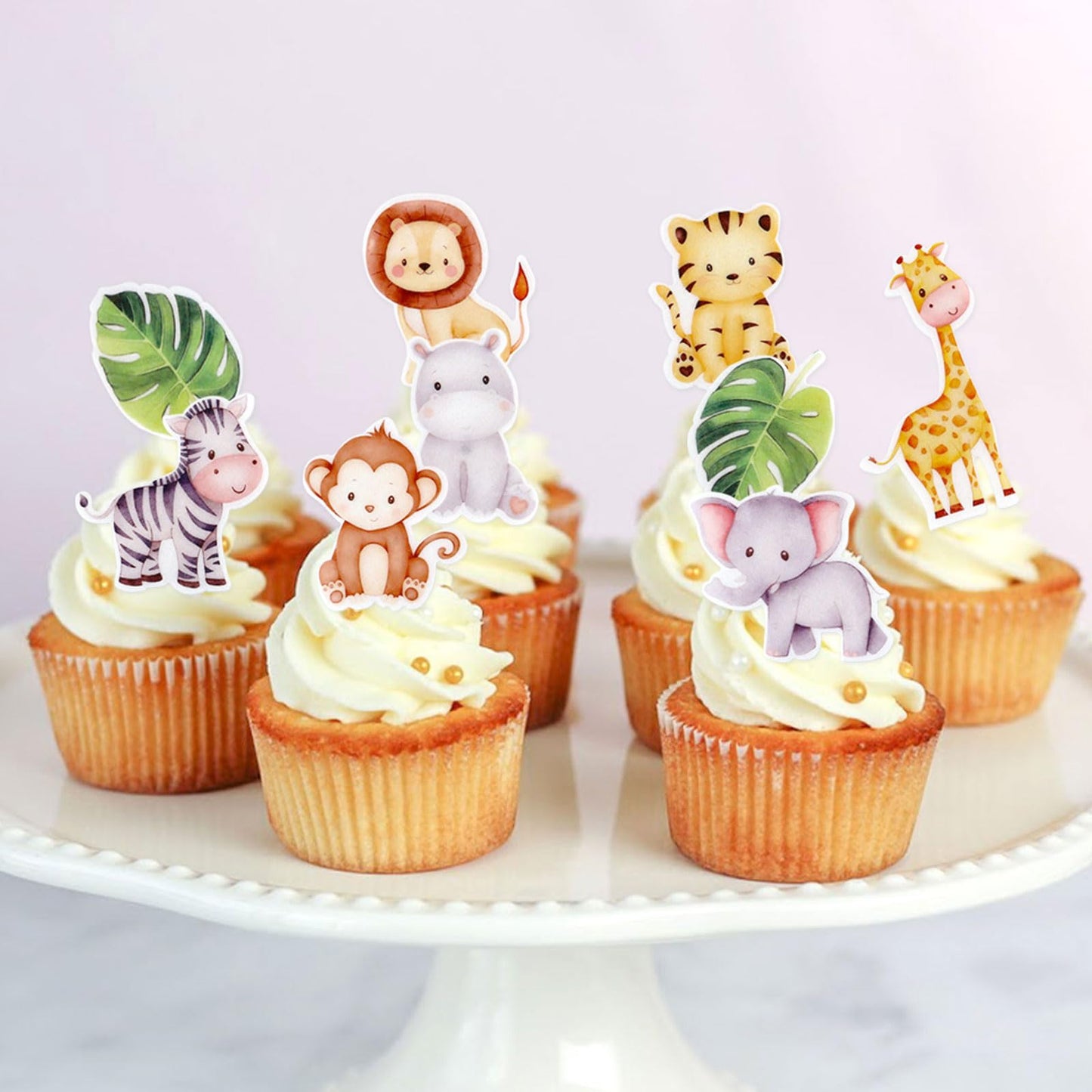 40Pcs Edible Jungle Safari Animal Theme Cupcake Toppers Wafer Paper Jungle Safari Animal Cupcake Toppers Drink Topper Dessert Mu