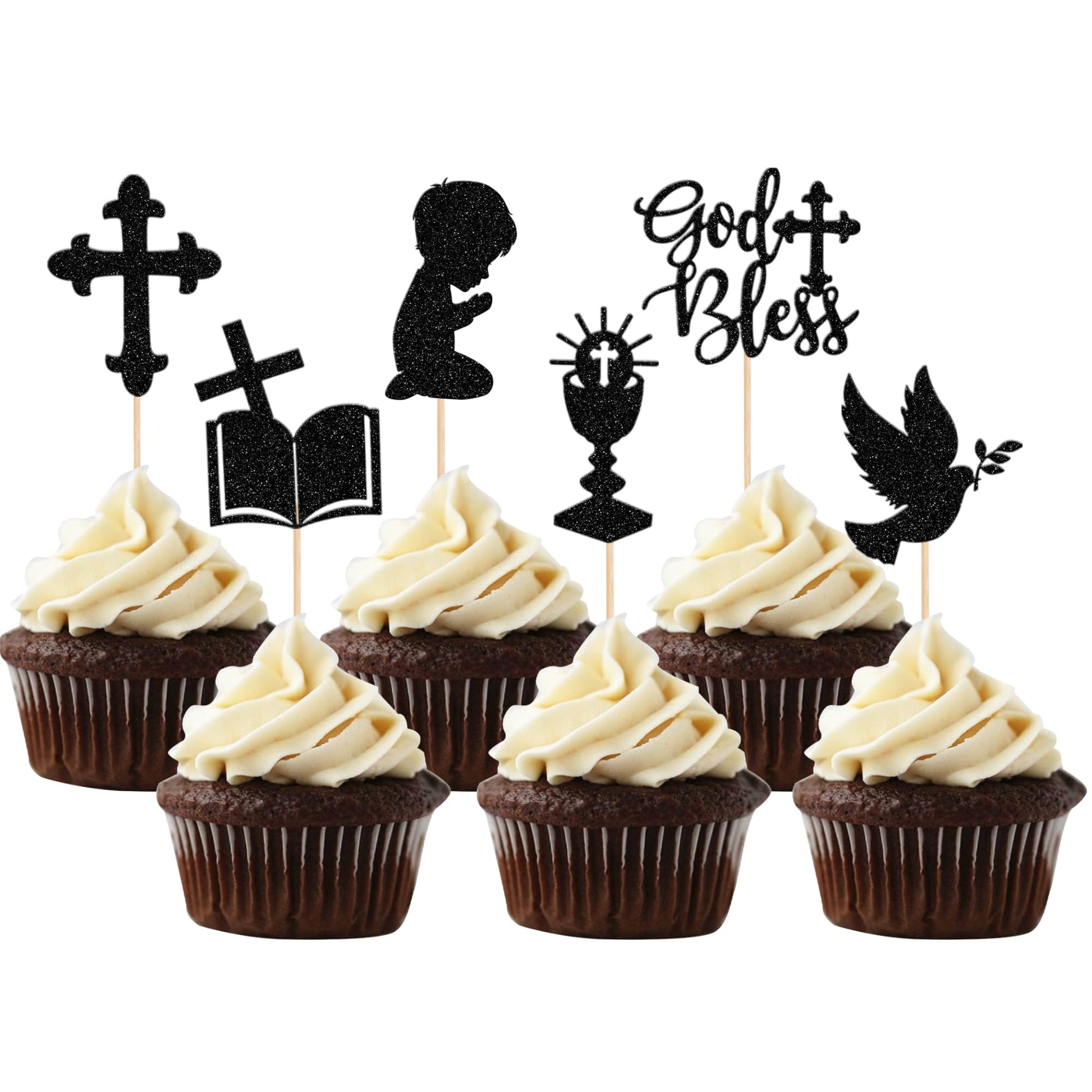 ZHUOWEISM 24 PCS Cupcake Toppers Glitter Dove Cross Boy Baptism Party Decorations Small Black Bamboo