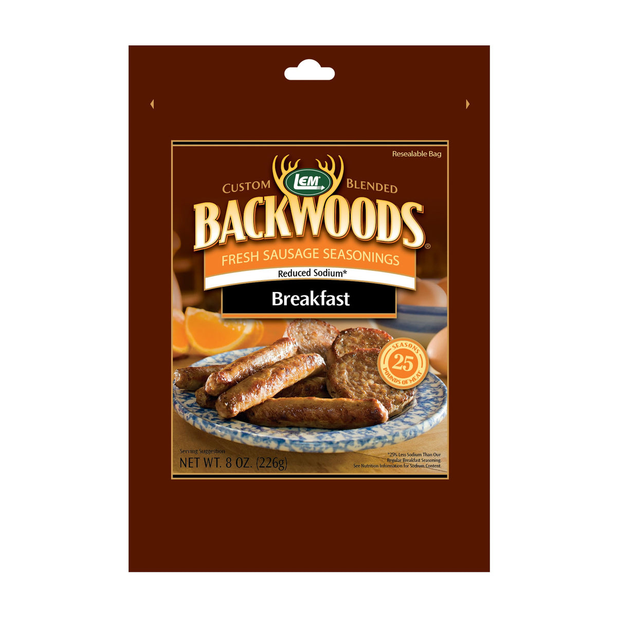 Lem Products Backwoods Reduced Sodium Breakfast Fresh Sausage Seasoning, Ideal For Wild Game And Domestic Meat, Seasons Up To 25 Pounds Of Meat, 8 Ounce Packet