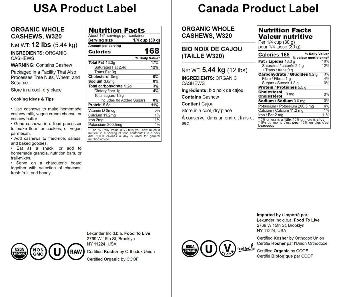 Food To Live - Organic Cashews, 12 Pounds Whole, Unsalted, Non-Gmo, Kosher, Raw, Vegan, Bulk