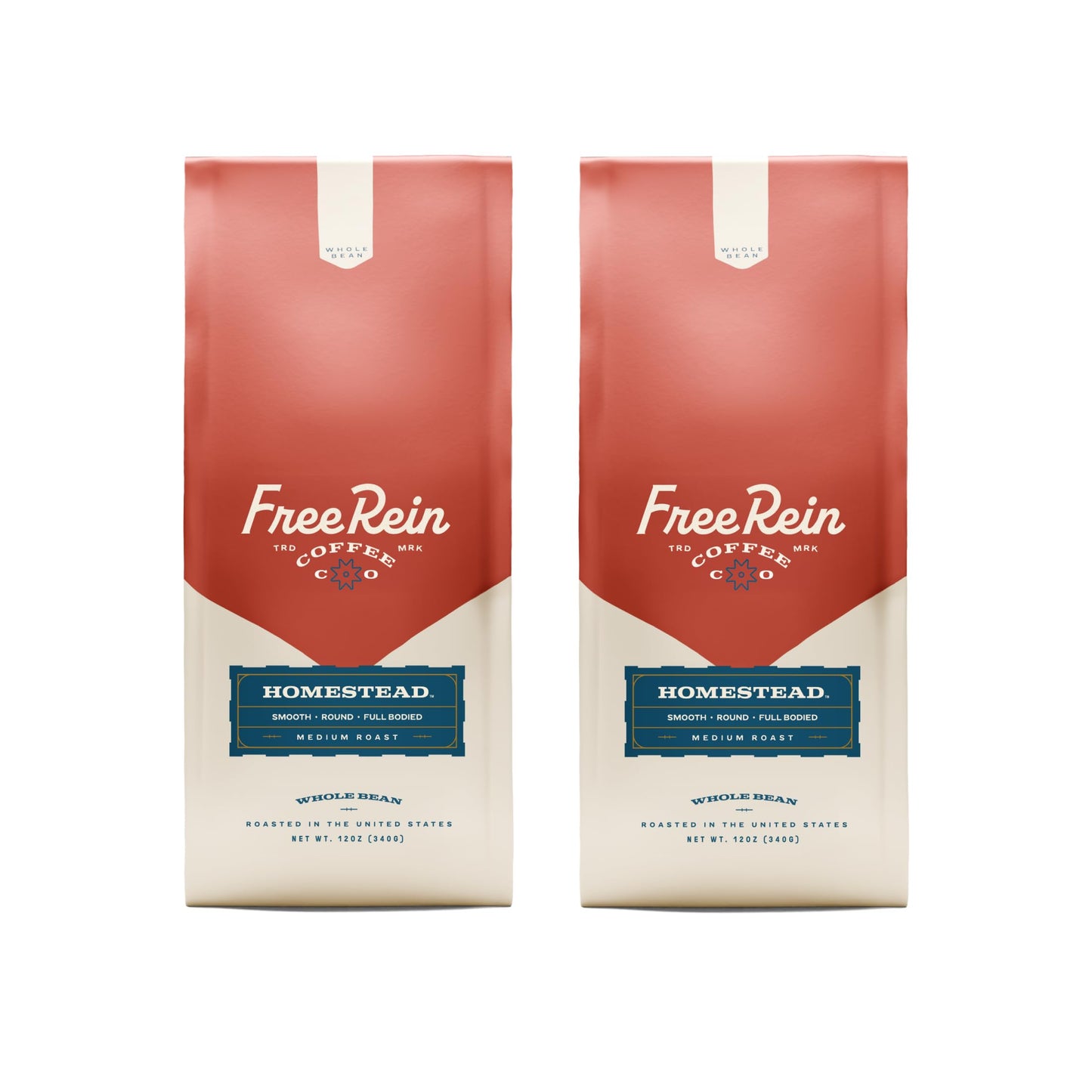 FREE REIN COFFEE Homestead Medium Roast Whole Bean Coffee, 100% Arabica, 12oz Bag (Pack of 2)