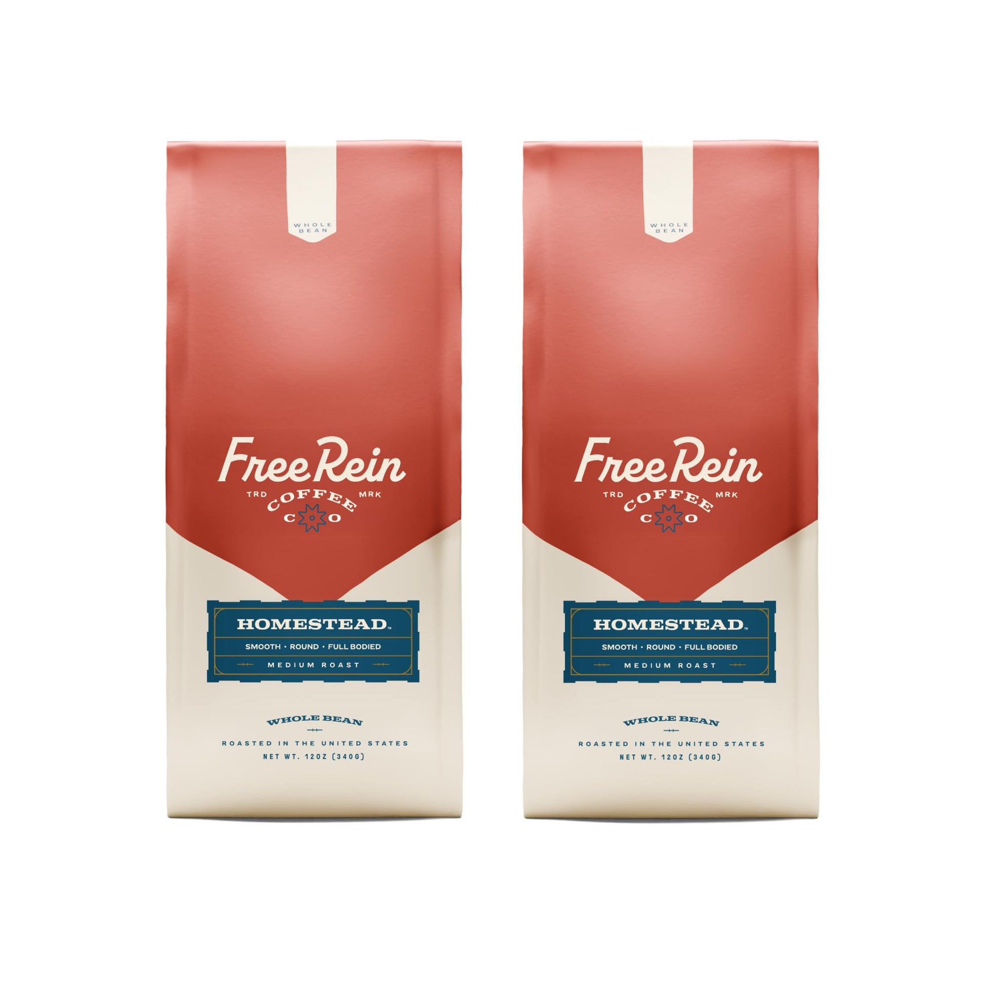 FREE REIN COFFEE Homestead Medium Roast Whole Bean Coffee, 100% Arabica, 12oz Bag (Pack of 2)