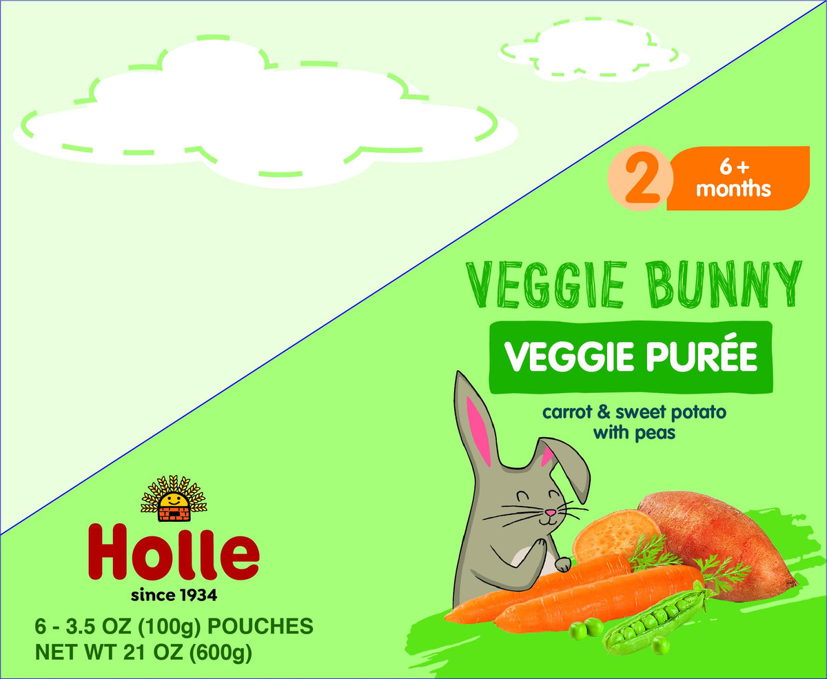 Holle Organic Baby Food Pouches - Veggie Bunny Baby Puree With Carrots, Peas And Sweet Potato - (6 Pack) Organic Baby Snacks + F