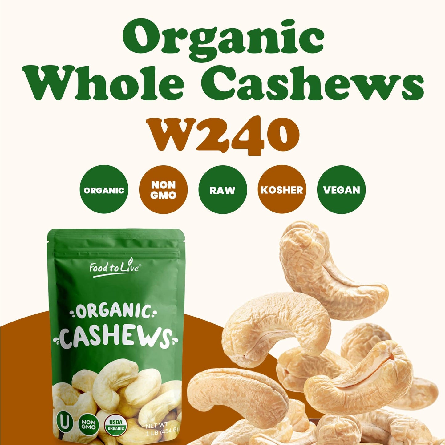 Food to Live Organic Cashews, 2 Pounds - Whole, Size W-240, Unsalted, Non-GMO, Kosher, Raw, Vegan, Bulk