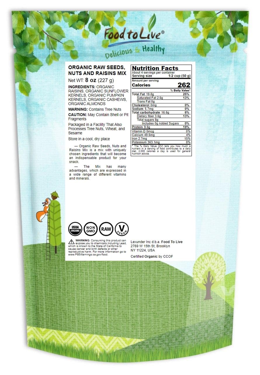 Food To Live Organic Raw Seeds, Nuts And Raisins Mix, 8 Ounces - Raw, Non-Gmo Trail Mix Contains Almonds, Cashews, Pumpkin Seeds