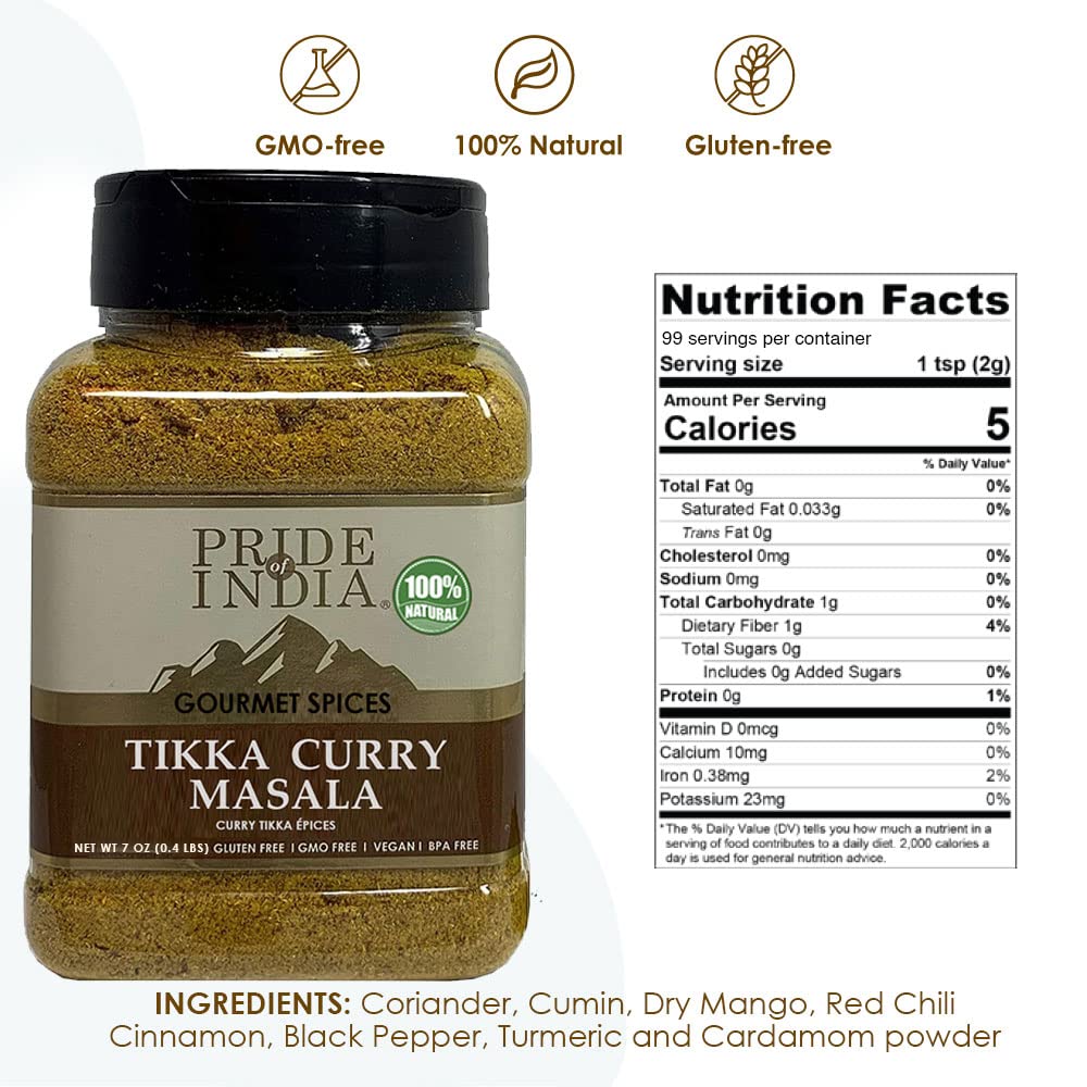 Pride Of India Tikka Curry Masala - Gourmet Spice Mix - 8 oz Medium Jar - Organic, GMO Free, Ideal for Vegetarian & Meat Dishes