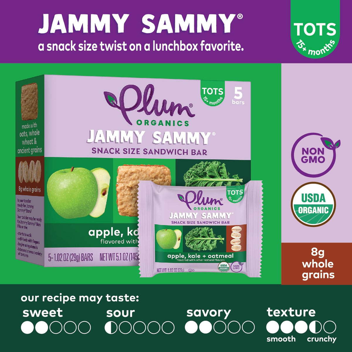 Plum Organics Jammy Sammy Snack Bars - Apple, Kale, and Oatmeal - 1.02 oz Bars (Pack of 30) - Organic Toddler Food Snack Bars