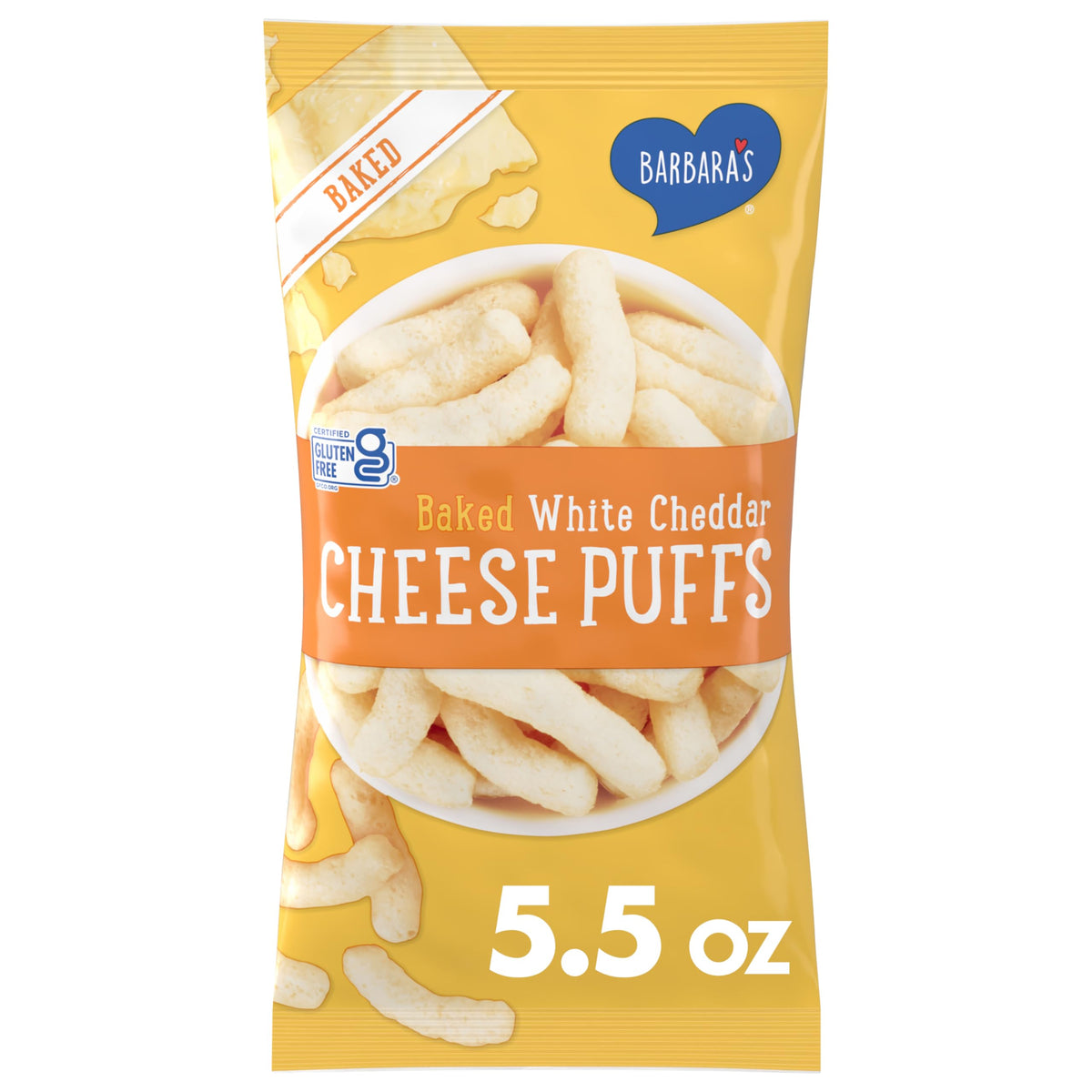 Barbaras Baked White Cheddar Cheese Puffs, White Cheddar Puffs Kids Snack, Gluten Free Snack, 5.5 OZ Bag