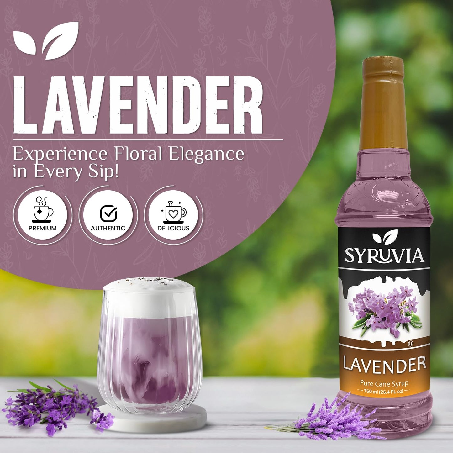 Syruvia Lavender Syrup - Lavender Coffee Syrup Flavor, 25.4 Fl Oz, Kosher, Gluten Free, Perfect For Coffee, Drinks, Soda, Desser