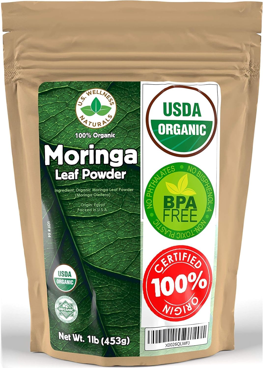 U.S. Wellness Naturals Moringa Powder 100% Organic Oleifera Leaf 1LB - Pure Leaf, Resealable Bag