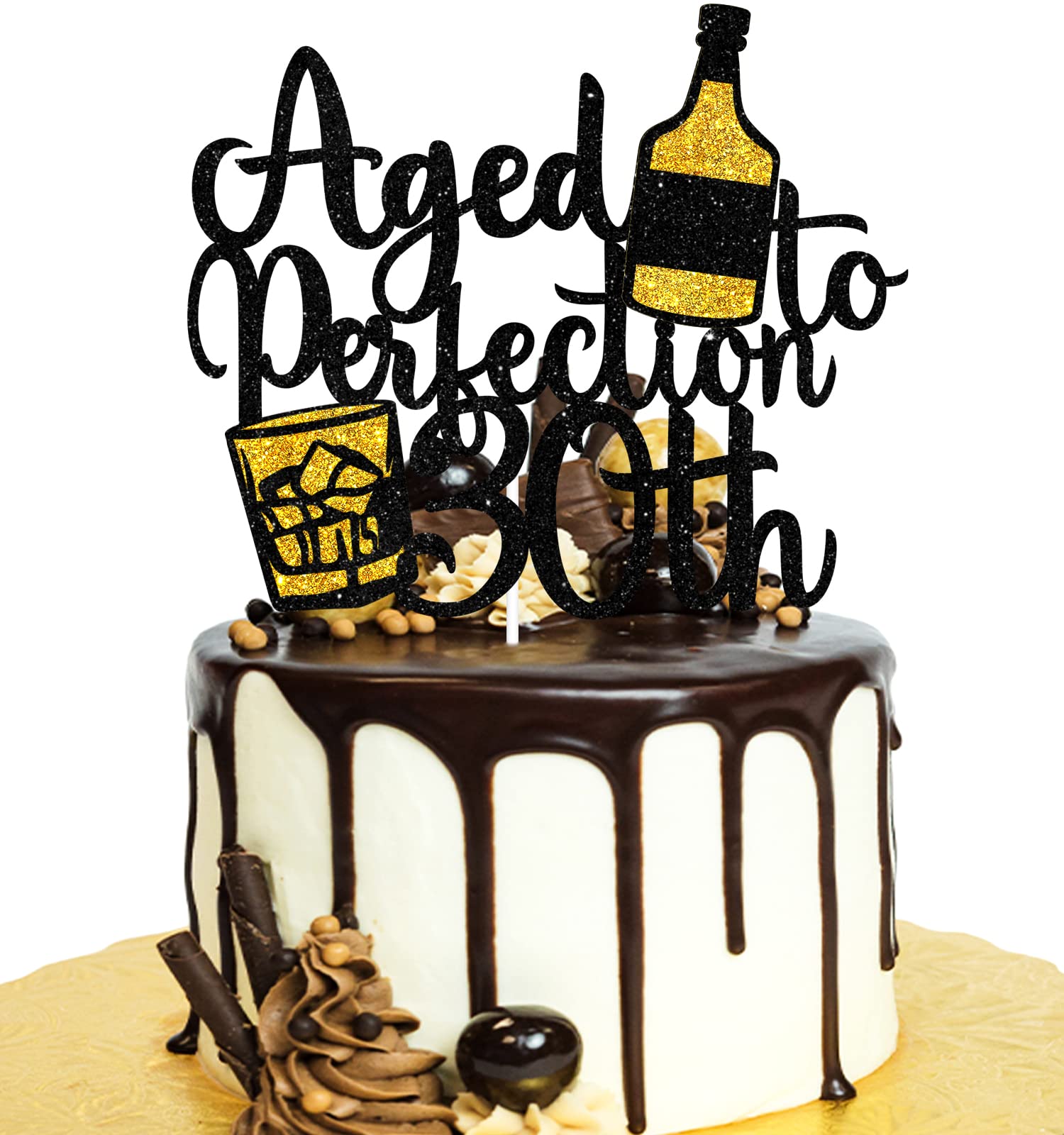 LHCING Aged To Perfection 30th Birthday Cake Topper - Black Gold Glitter Paper Decoration